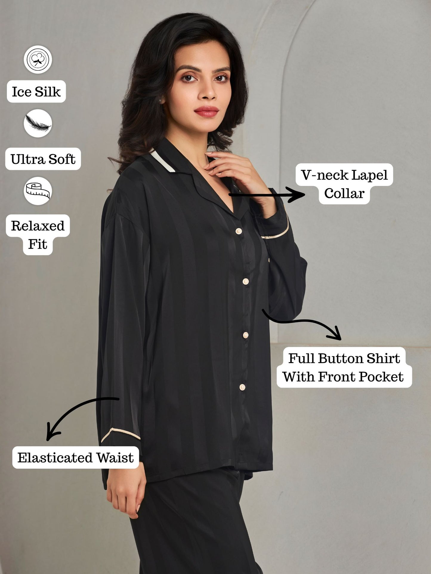 Black Striped Shirt and Pant Style Sleepwear Set