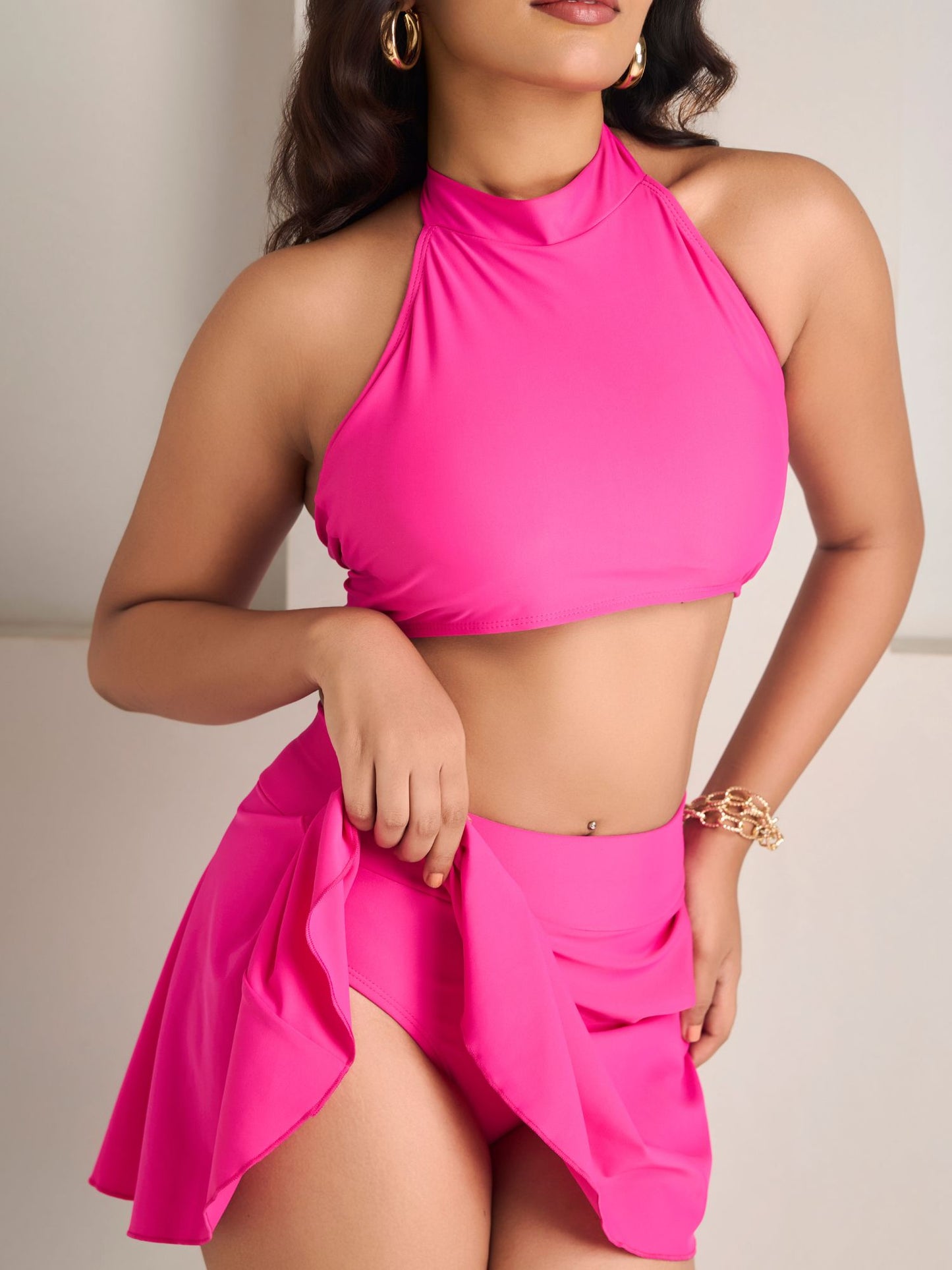 Hot Pink Halter Bikini & Skirt Set