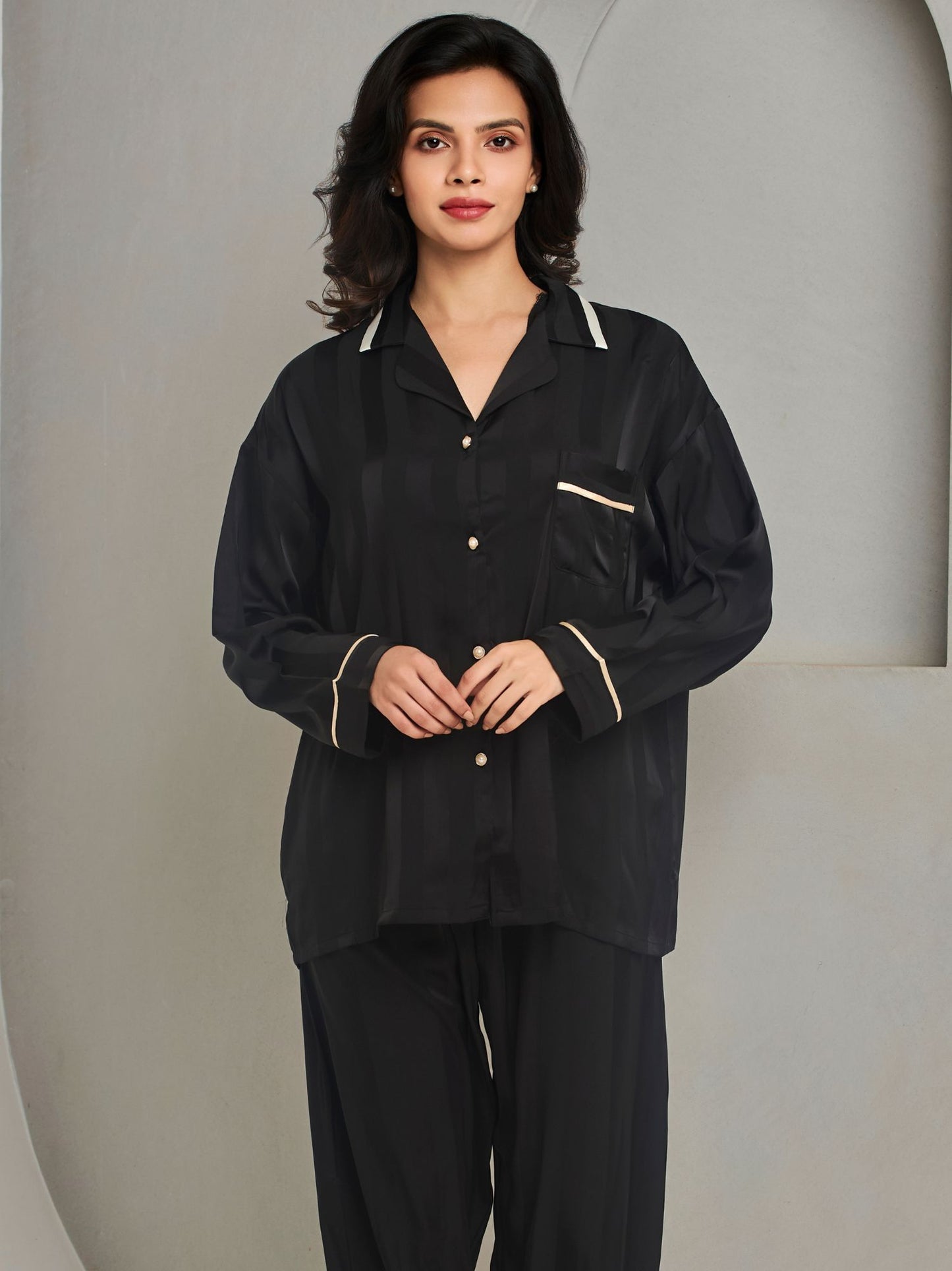 Black Striped Shirt and Pant Style Sleepwear Set