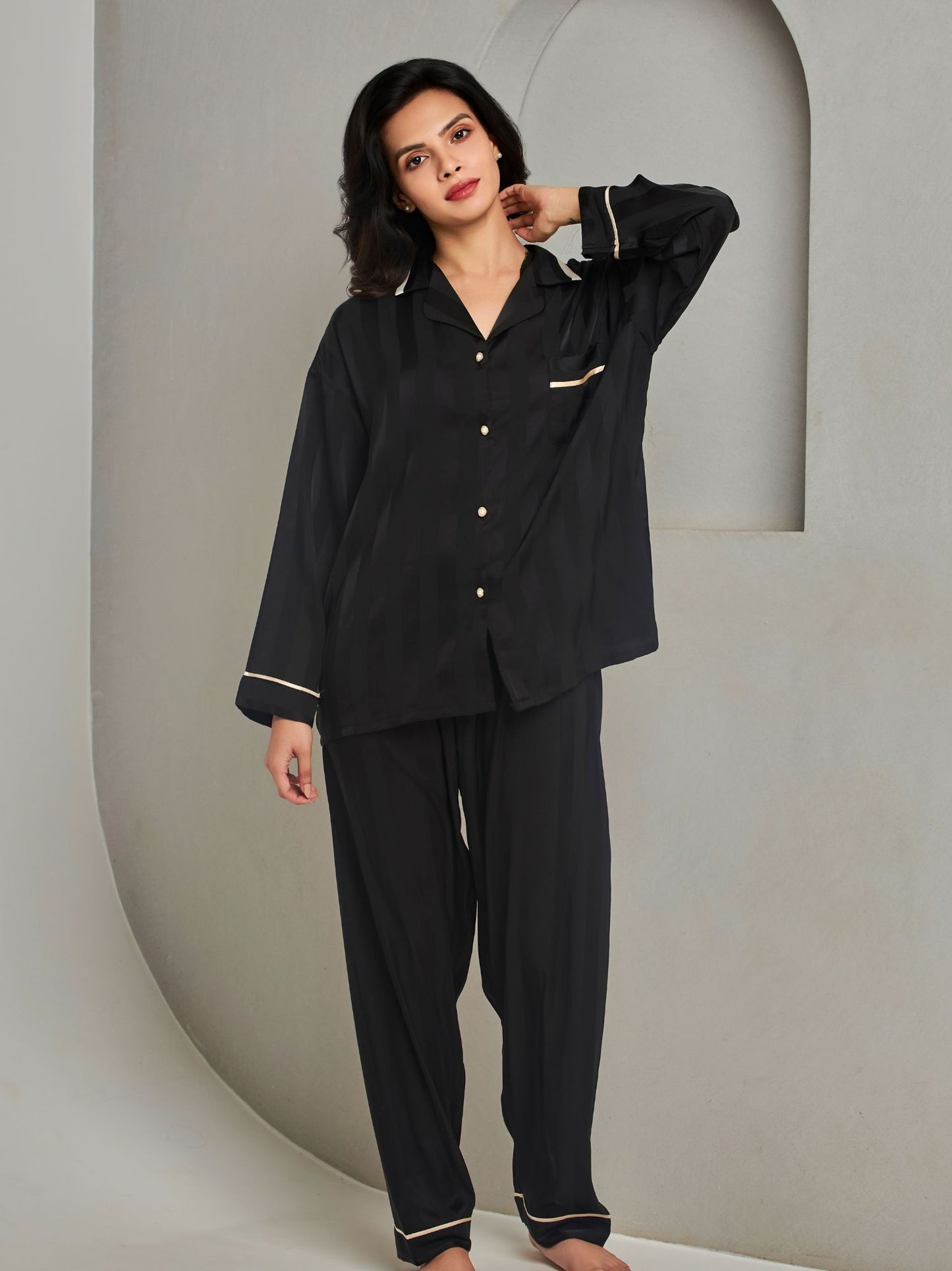 Black Striped Shirt and Pant Style Sleepwear Set