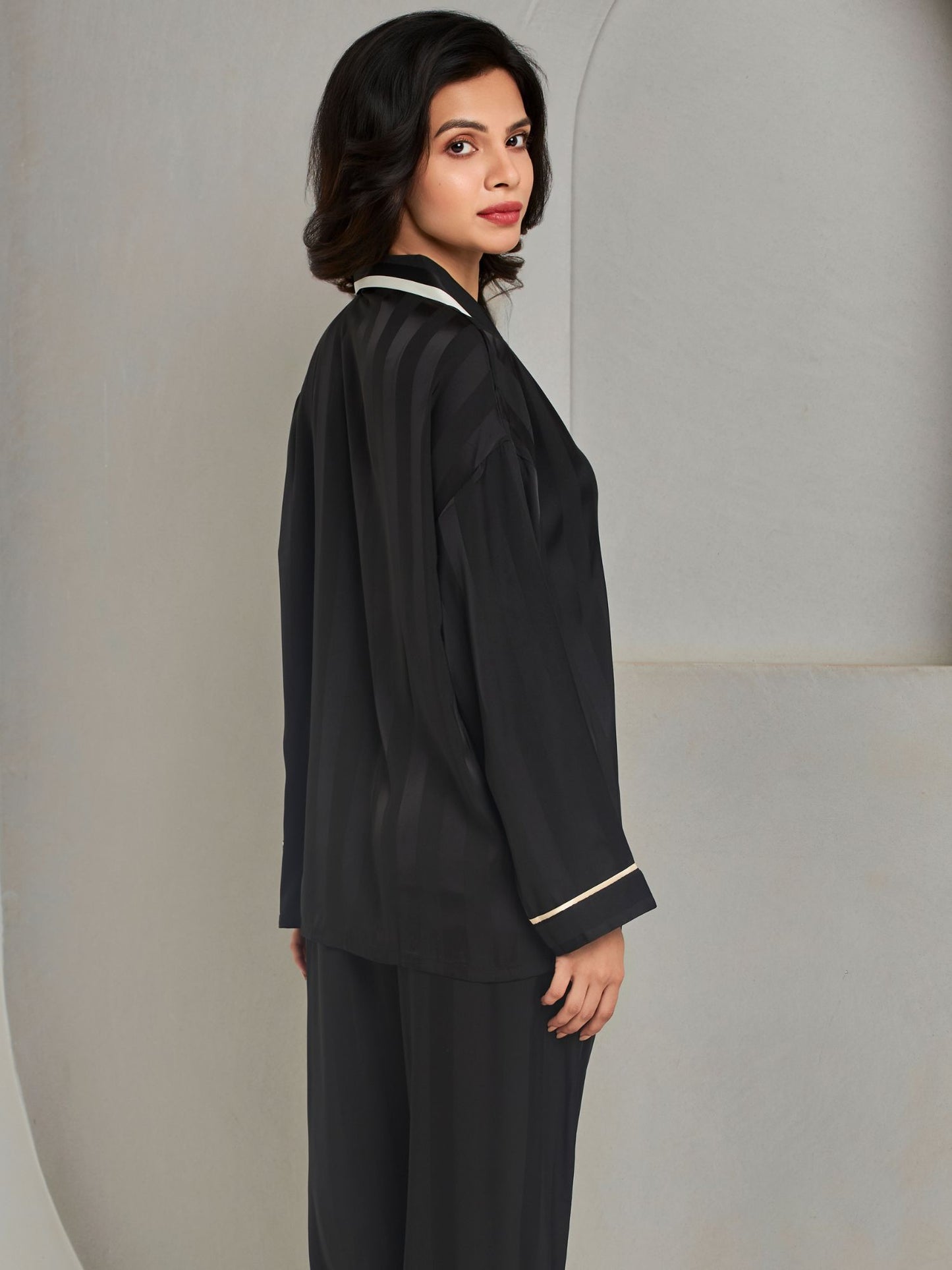 Black Striped Shirt and Pant Style Sleepwear Set