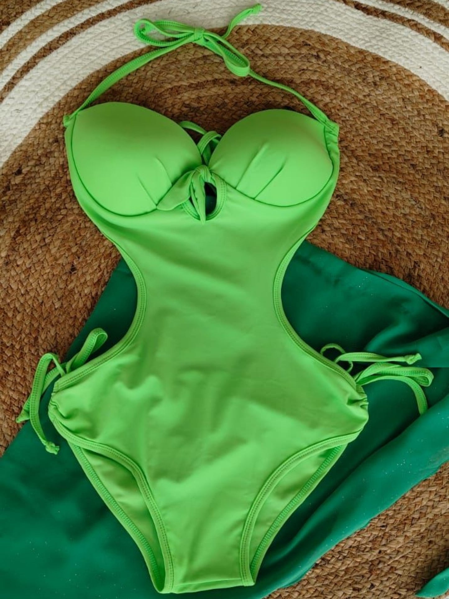 Neon Green Cut-Out Monokini with Tie-Up Sarong