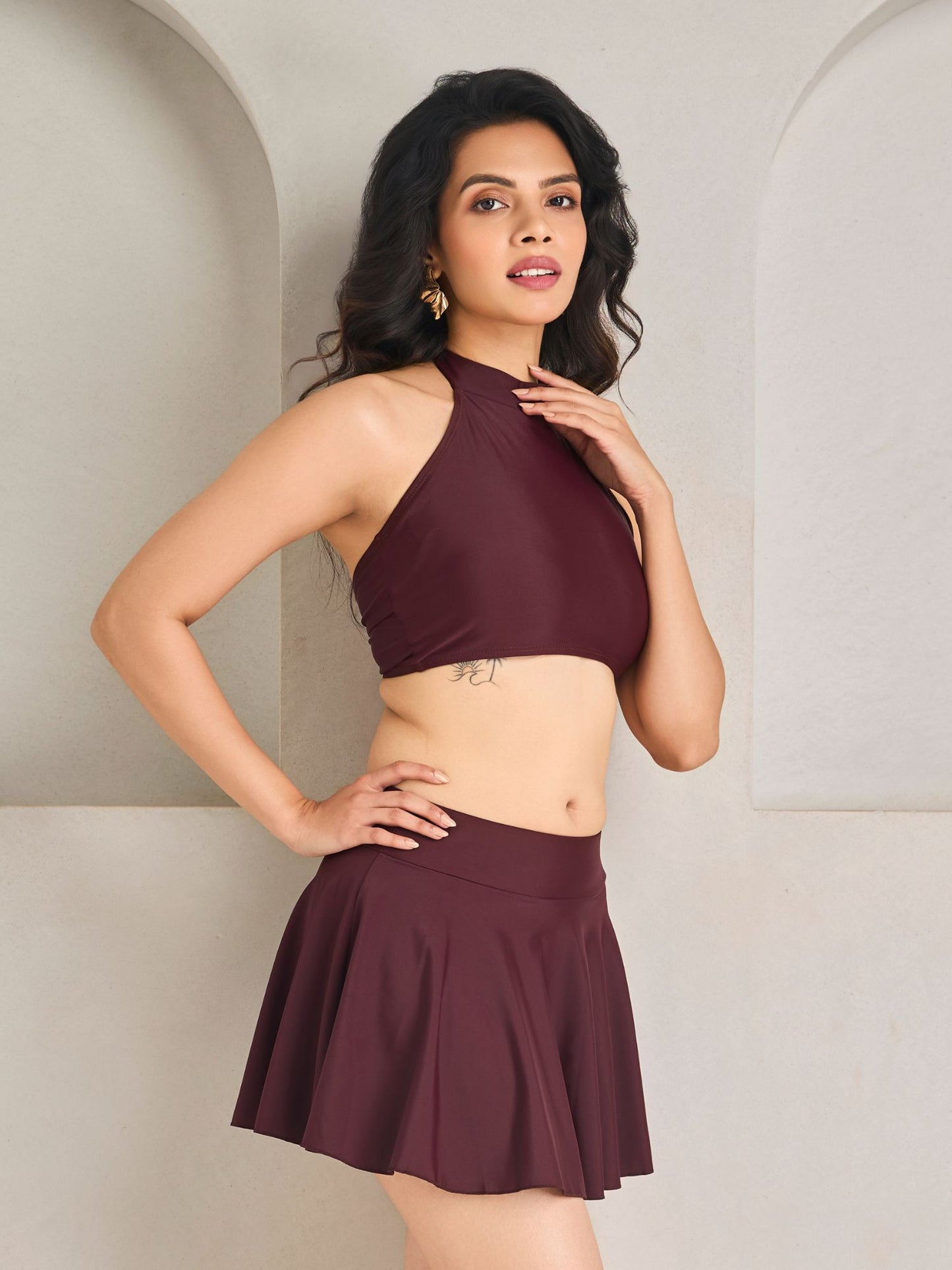 Wine Skirted Swimsuit