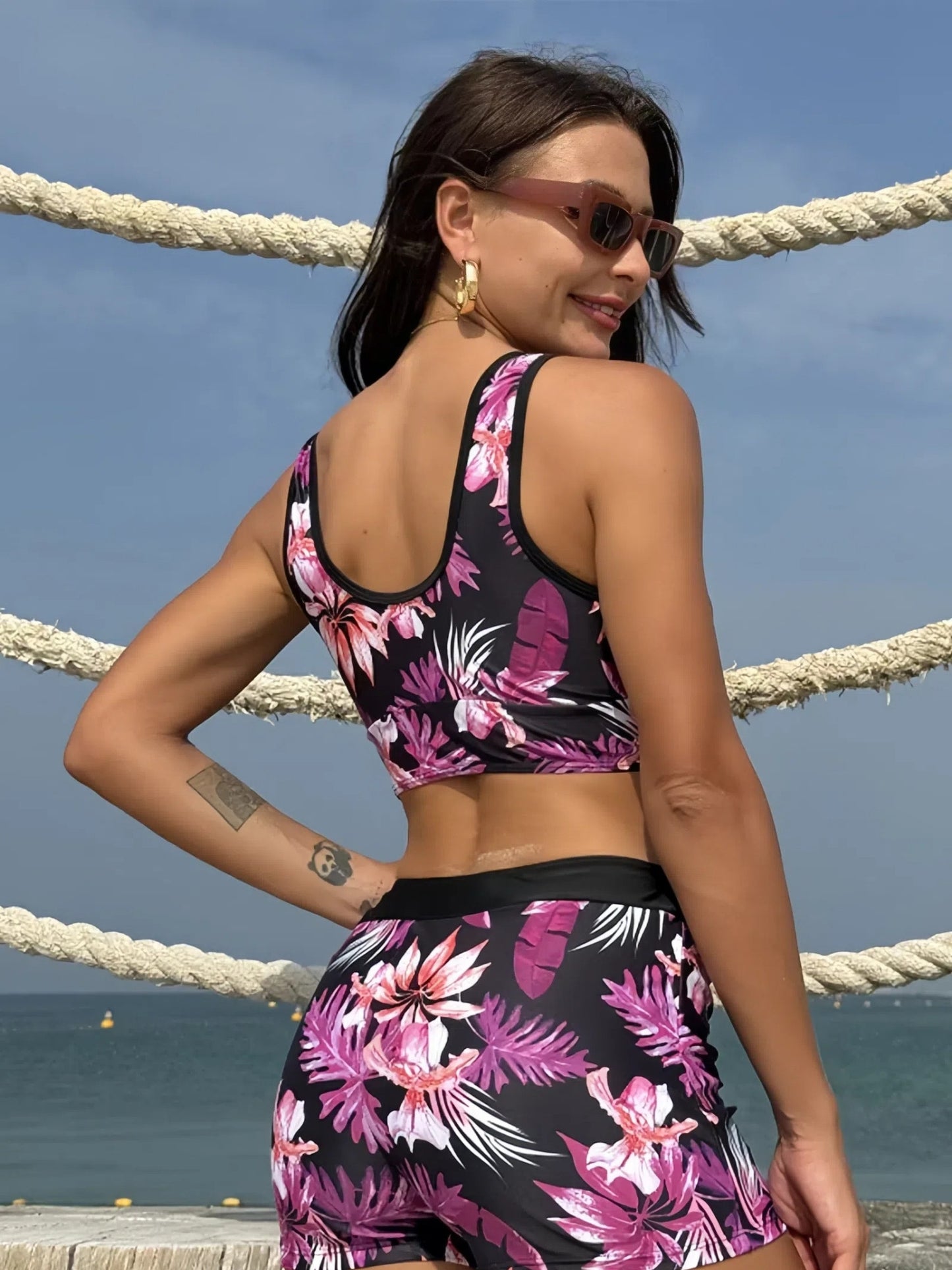 Pink Tropical Print Sports Bikini Set