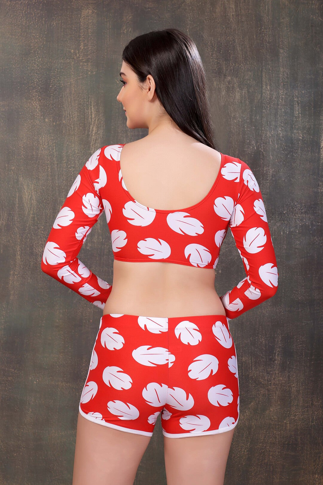 Red Leaf Print Long-Sleeve Bikini Set with High-Waisted Shorts