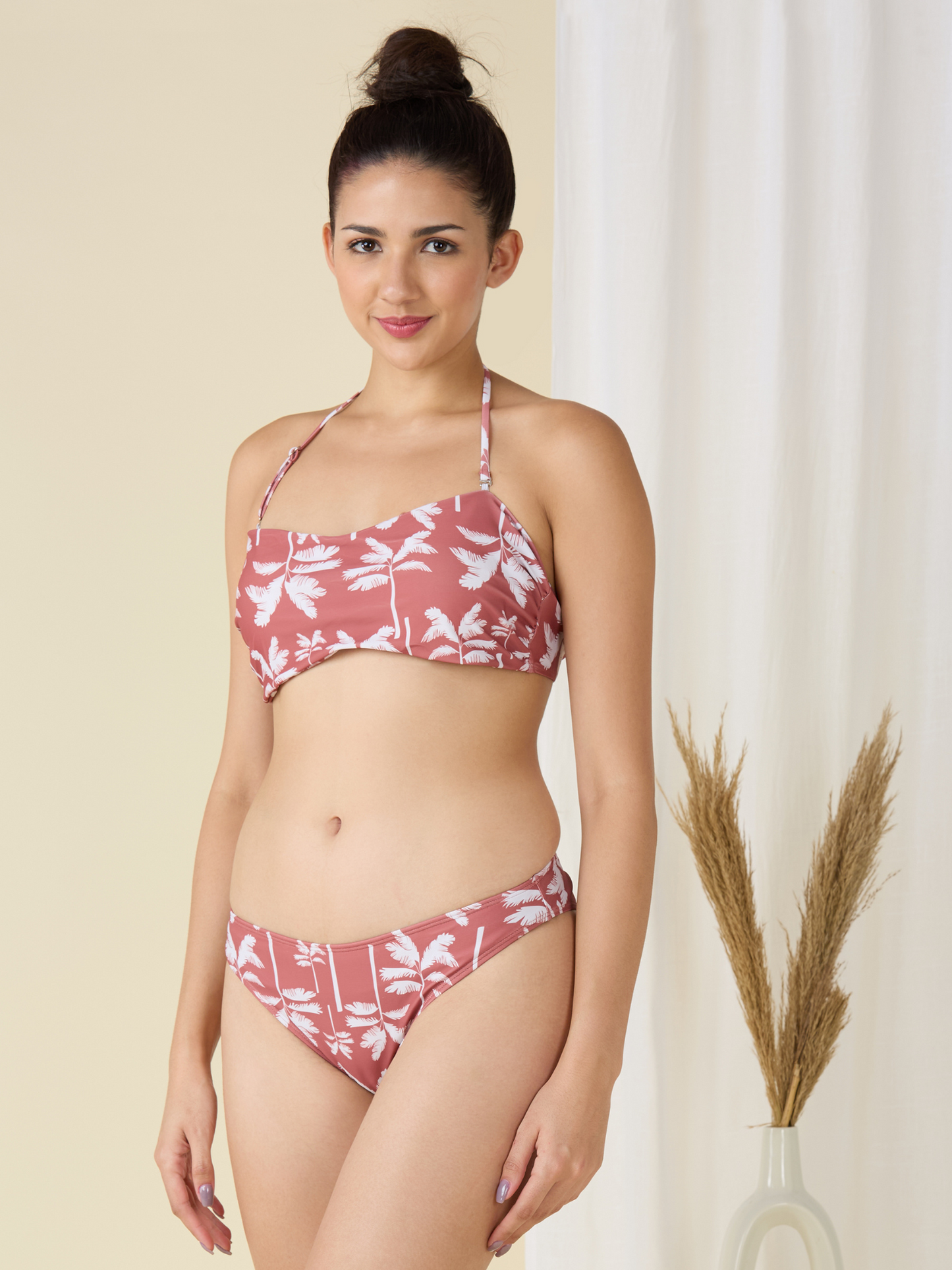 Brown Bandeau Bikini Set with a Sarong