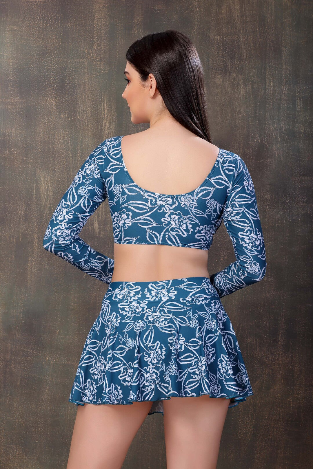 Nautical Bloom Long-Sleeve Swim Set with Skirted Bottom