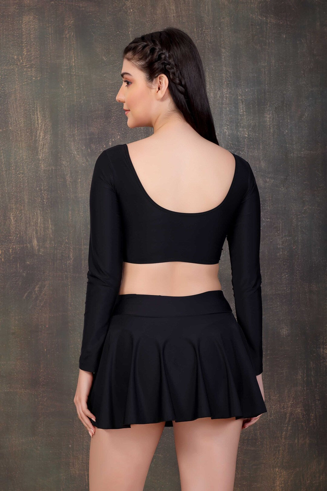 Black Long-Sleeve Swim Set with Skirted Bottom
