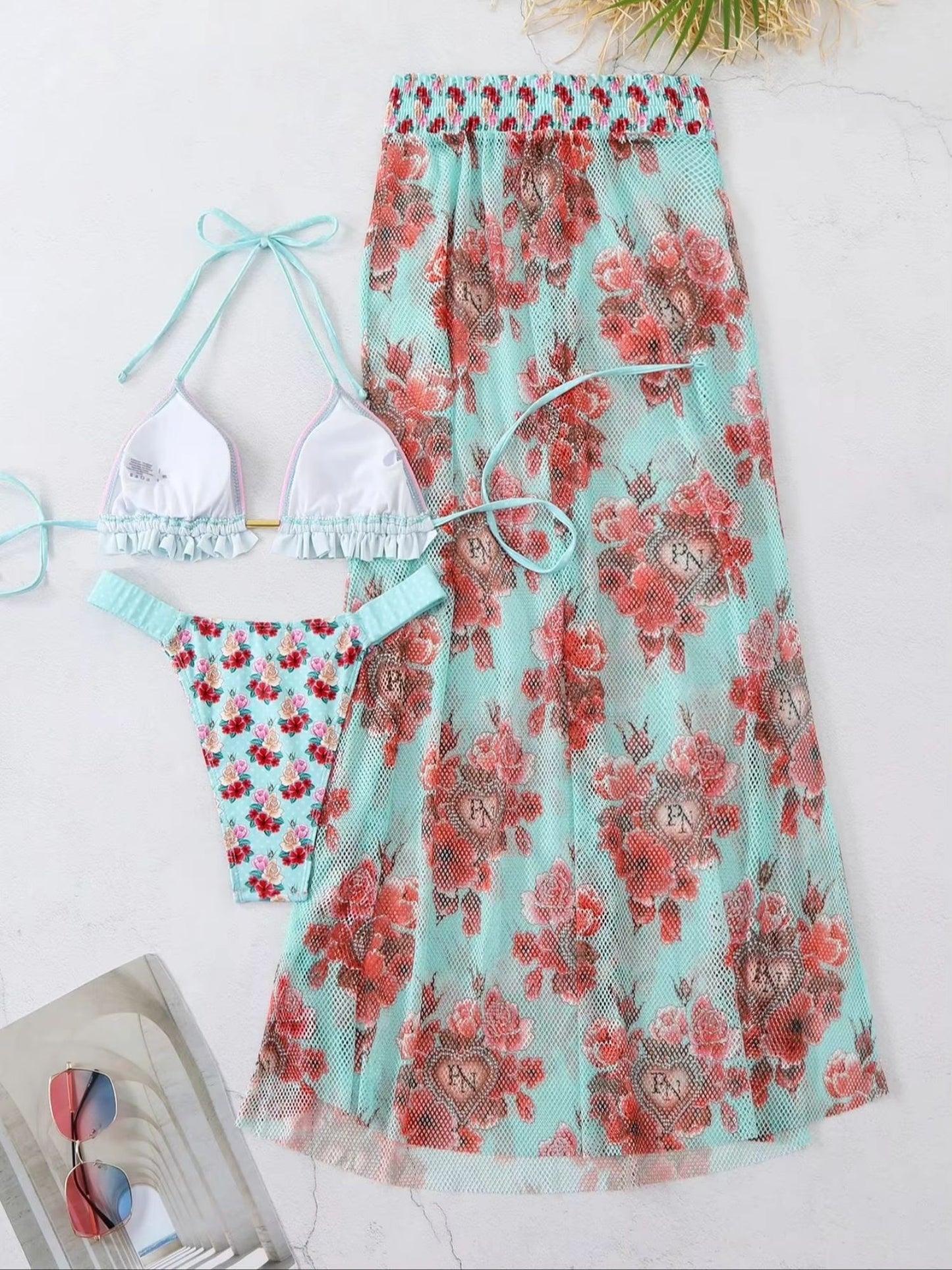 V-Neck Top And Bikini Bottom Swimwear With Cover Up