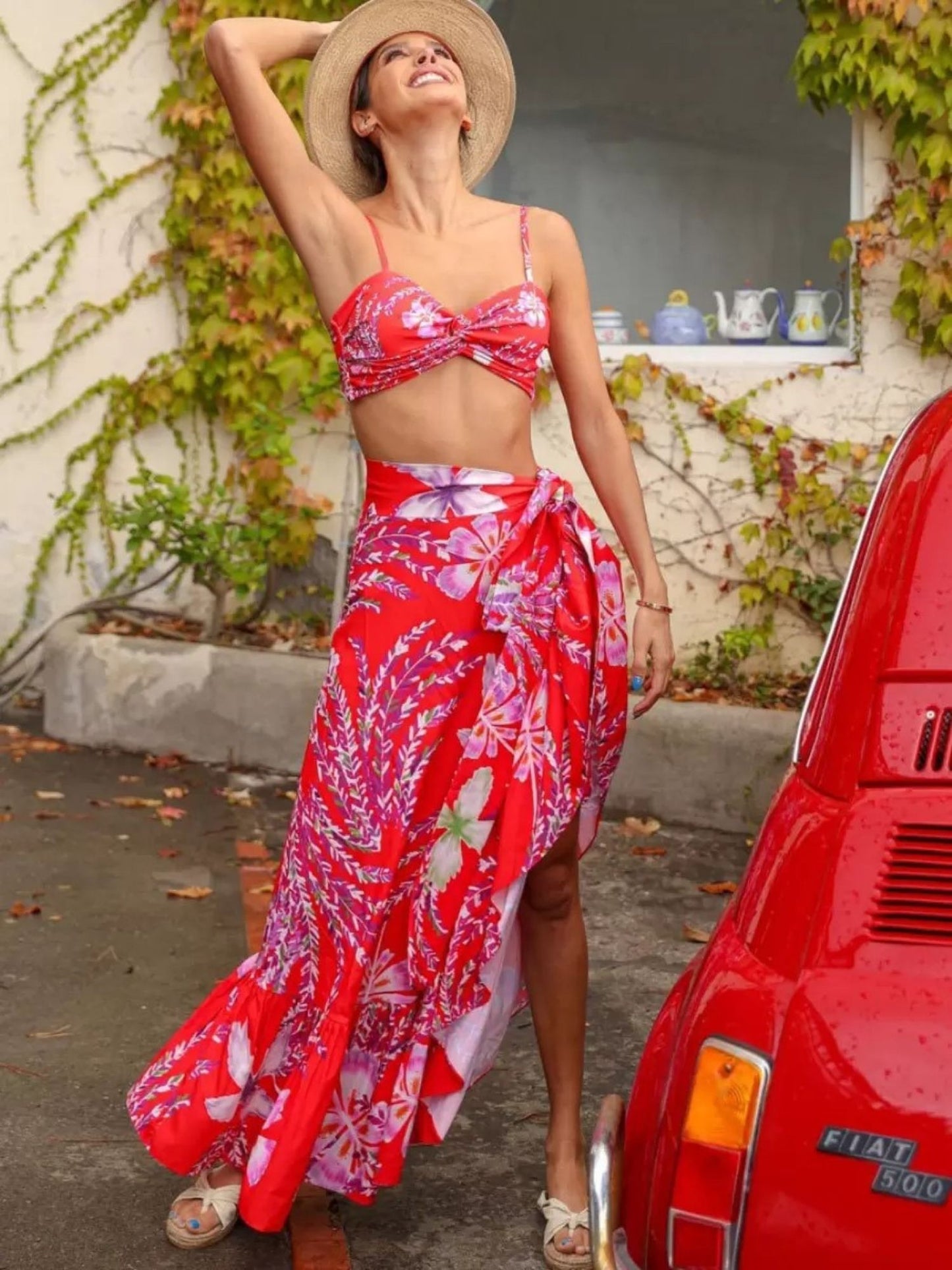 Floral Red Bikini Top and Bottom Set