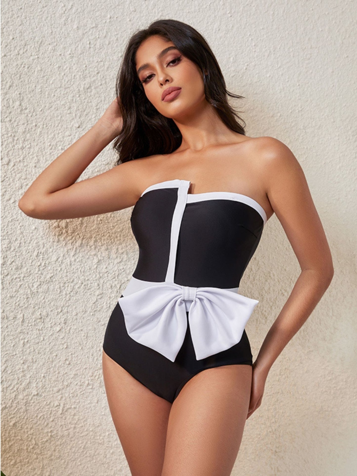 Black Strapless Bow Swimwear Set