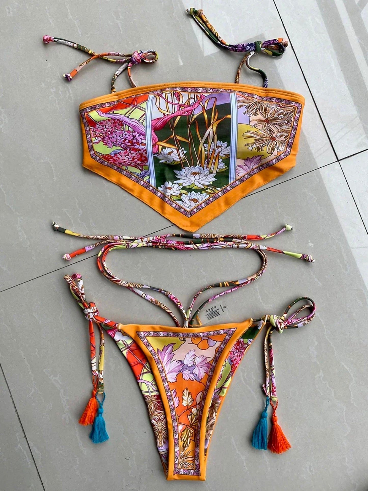Boho Floral Scarf Bikini with Tassel Details