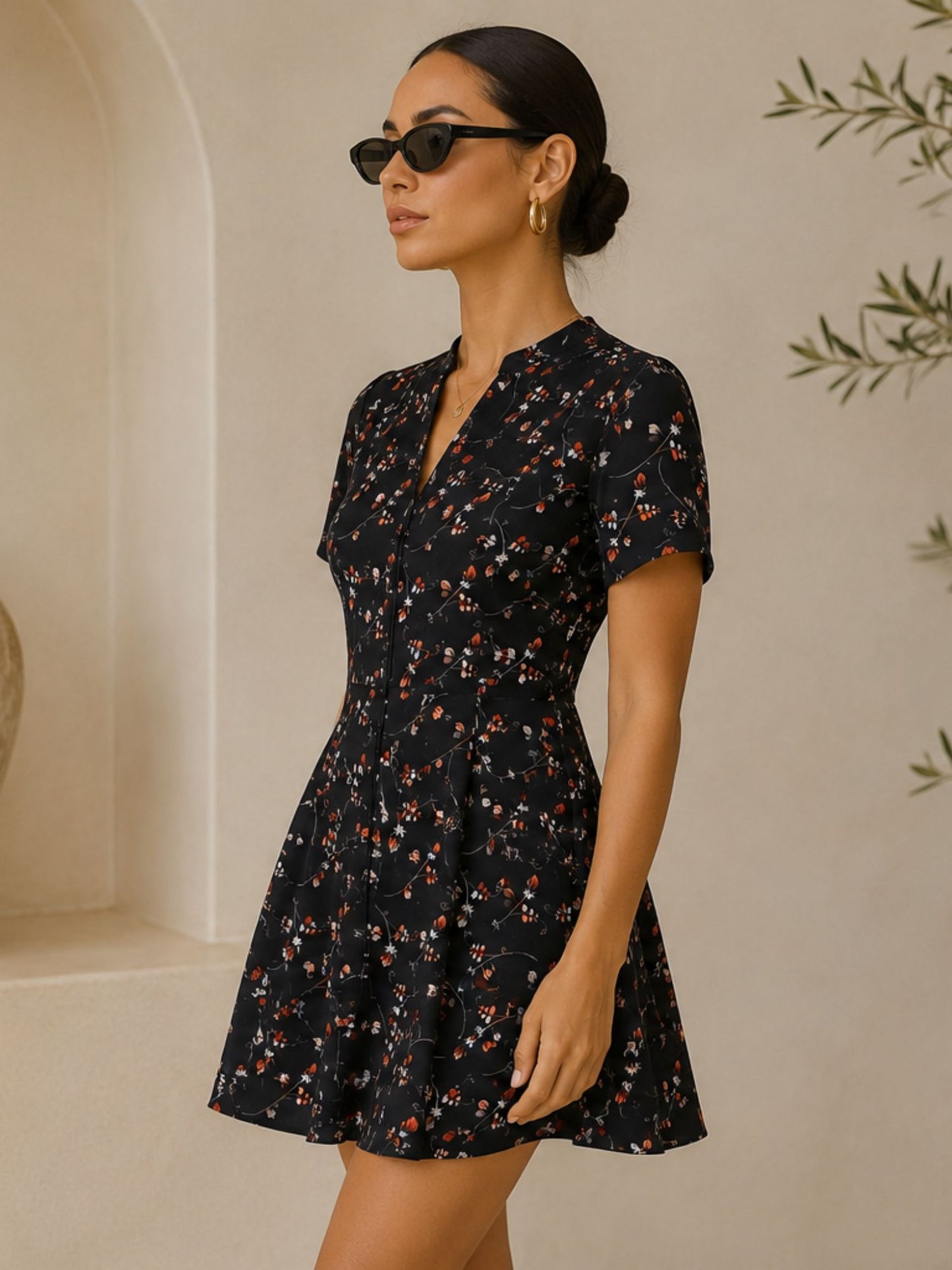 Black Floral V-Neck Swimdress