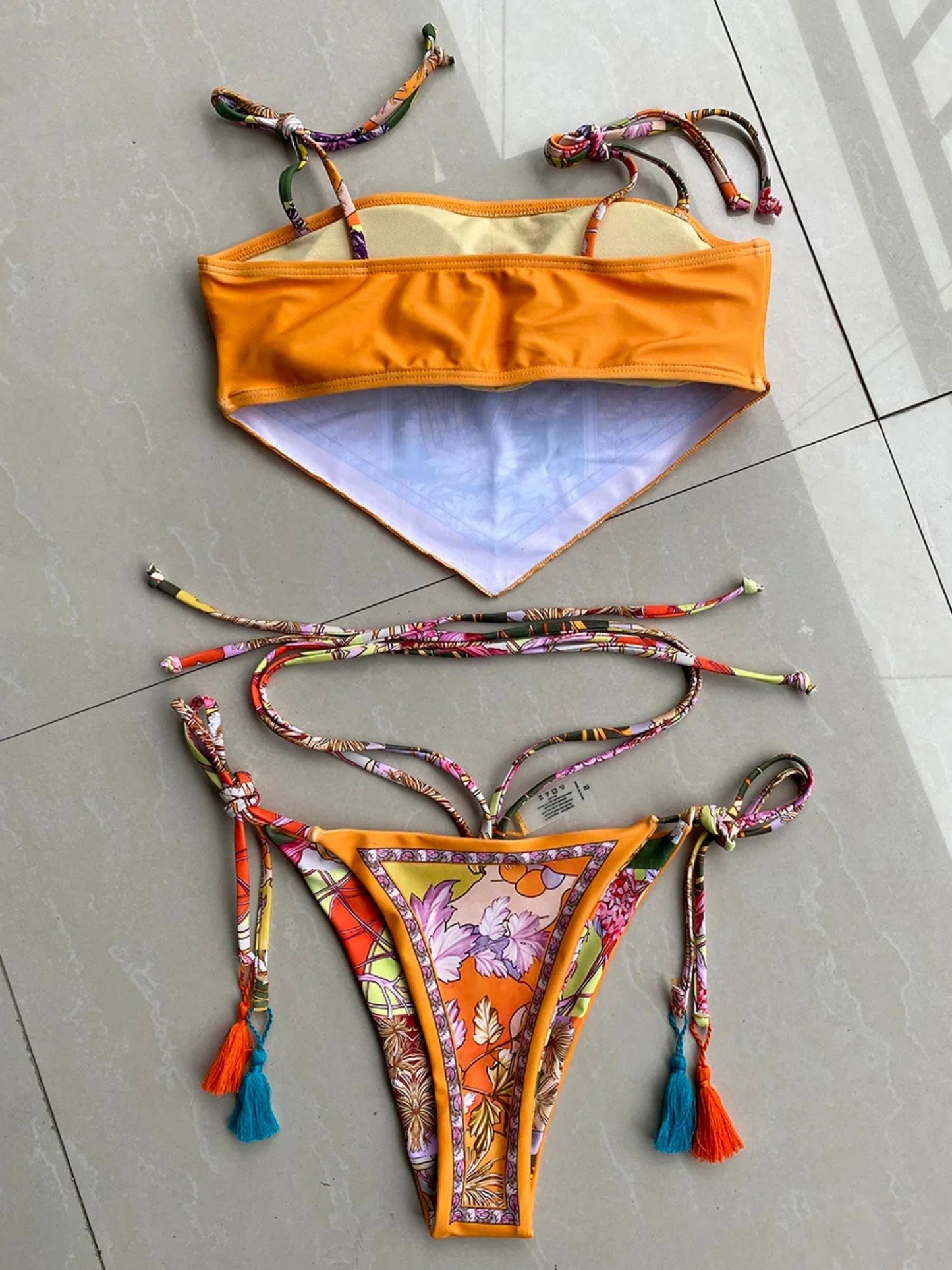 Boho Floral Scarf Bikini with Tassel Details