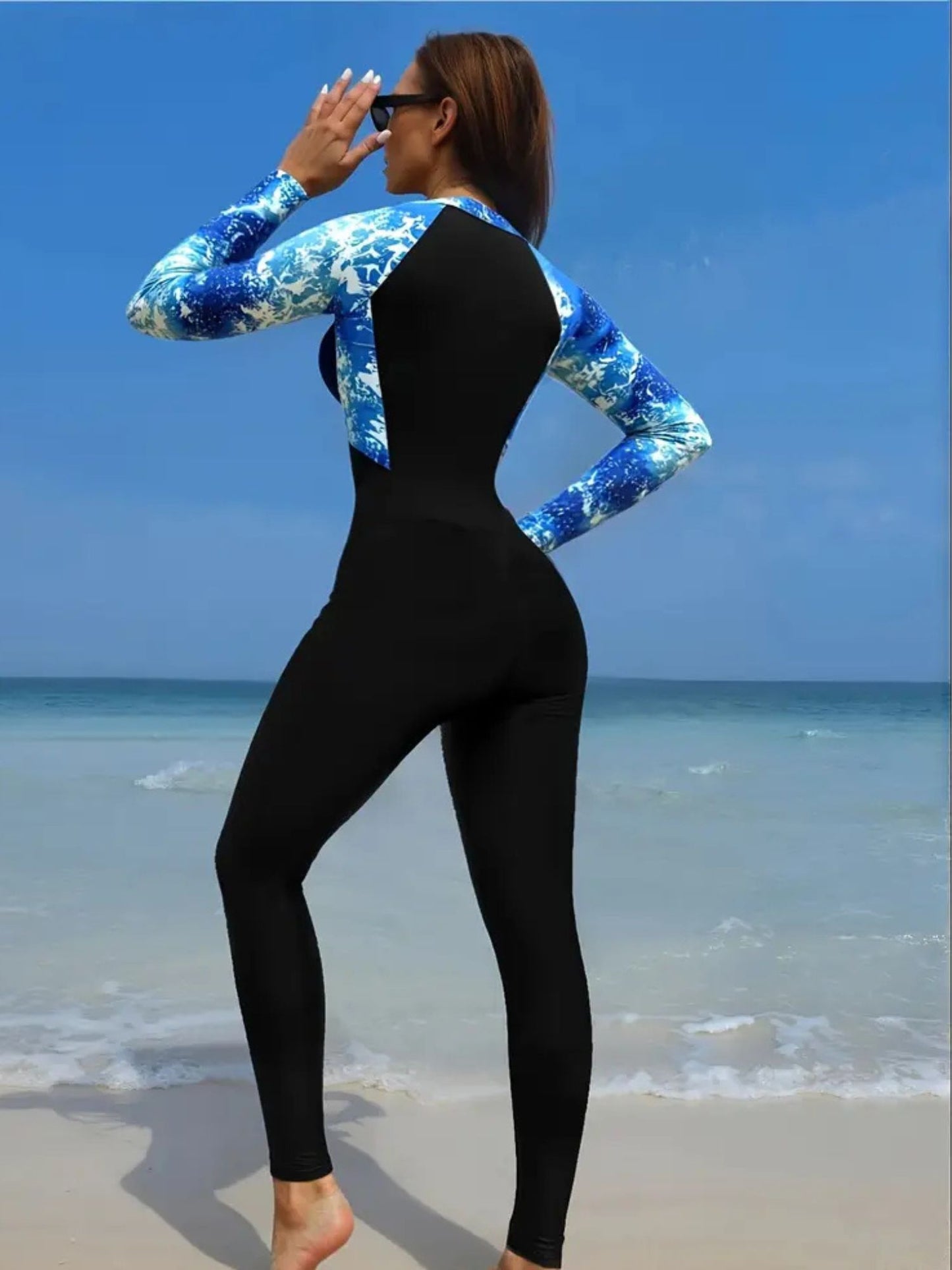 Full Body Black & Blue Printed Rash Guard Swimsuit