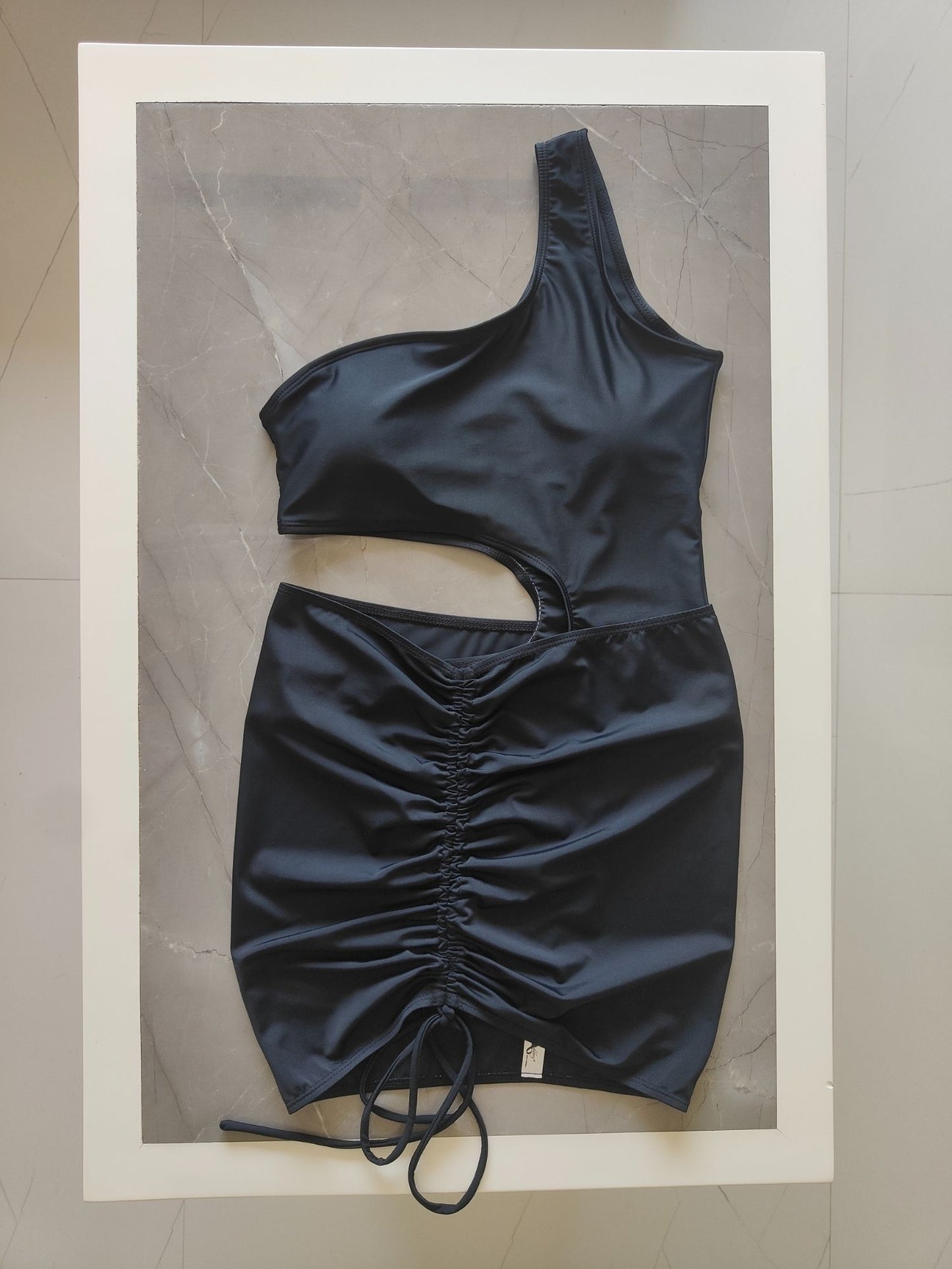 Black Monokini with Ruched Skirt