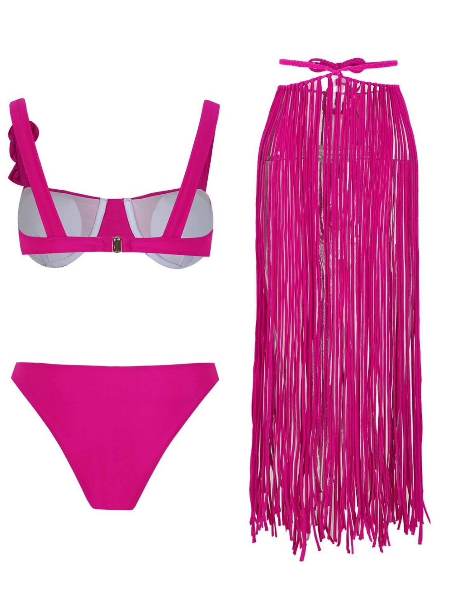 Hot Pink Chic Swimwear With Fringe Sarong Skirt