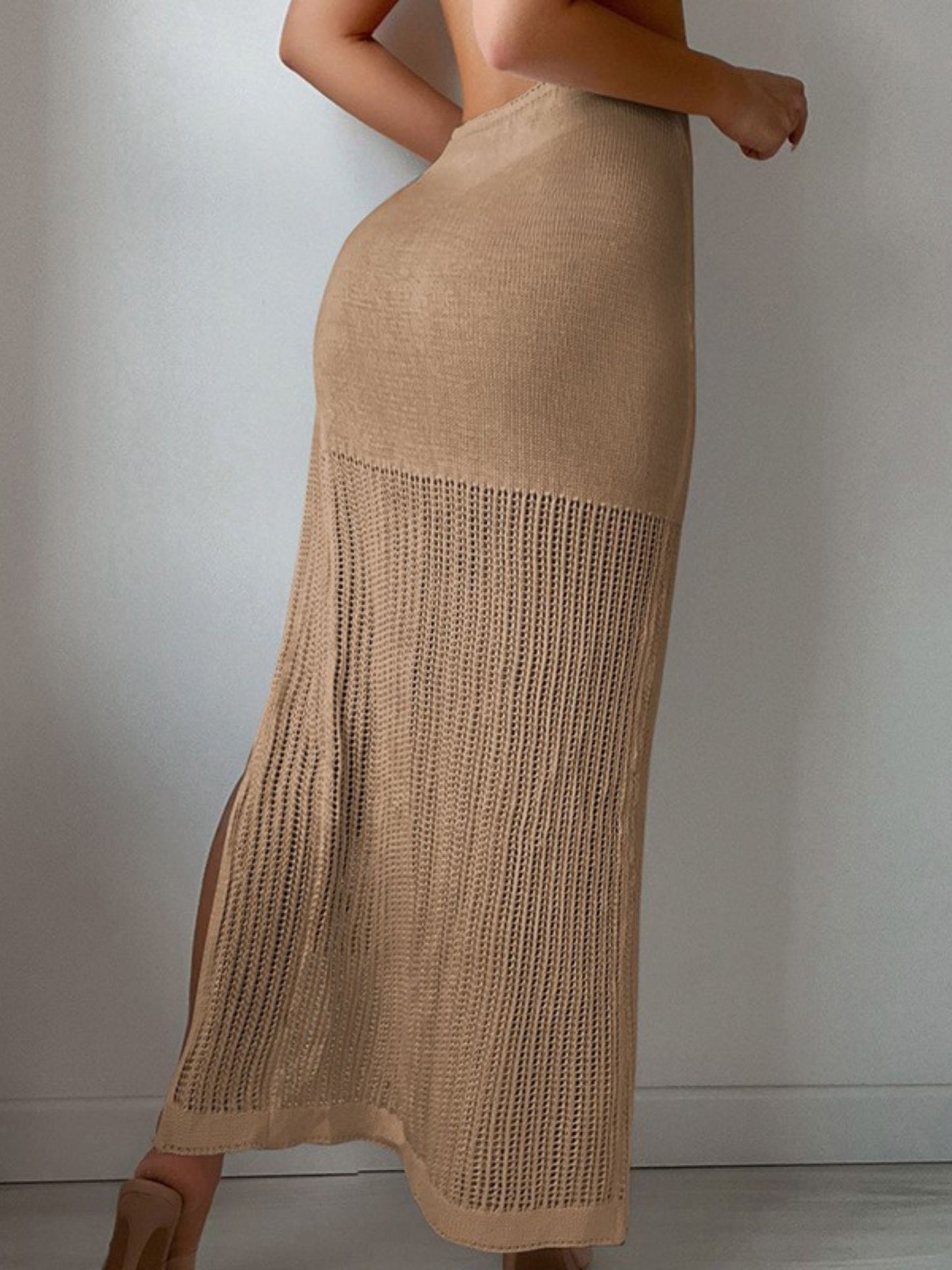 Brown Sheer Knit Maxi Skirt with High Slit - Beach Cover-Up