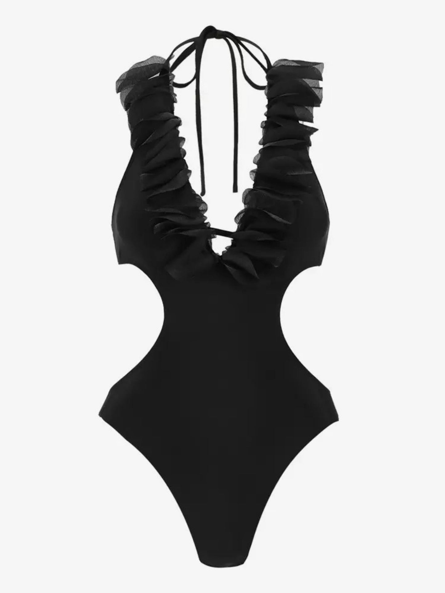 Black Ruffled Cutout Monokini with Shrug