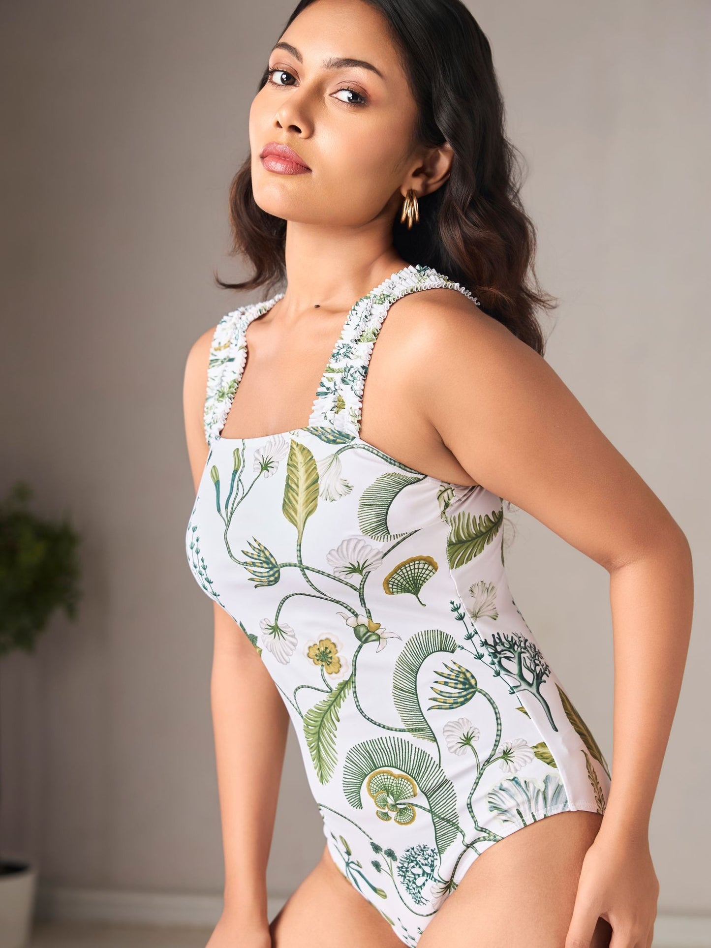 Tropical Green Leaf Print Monokini with Sarong