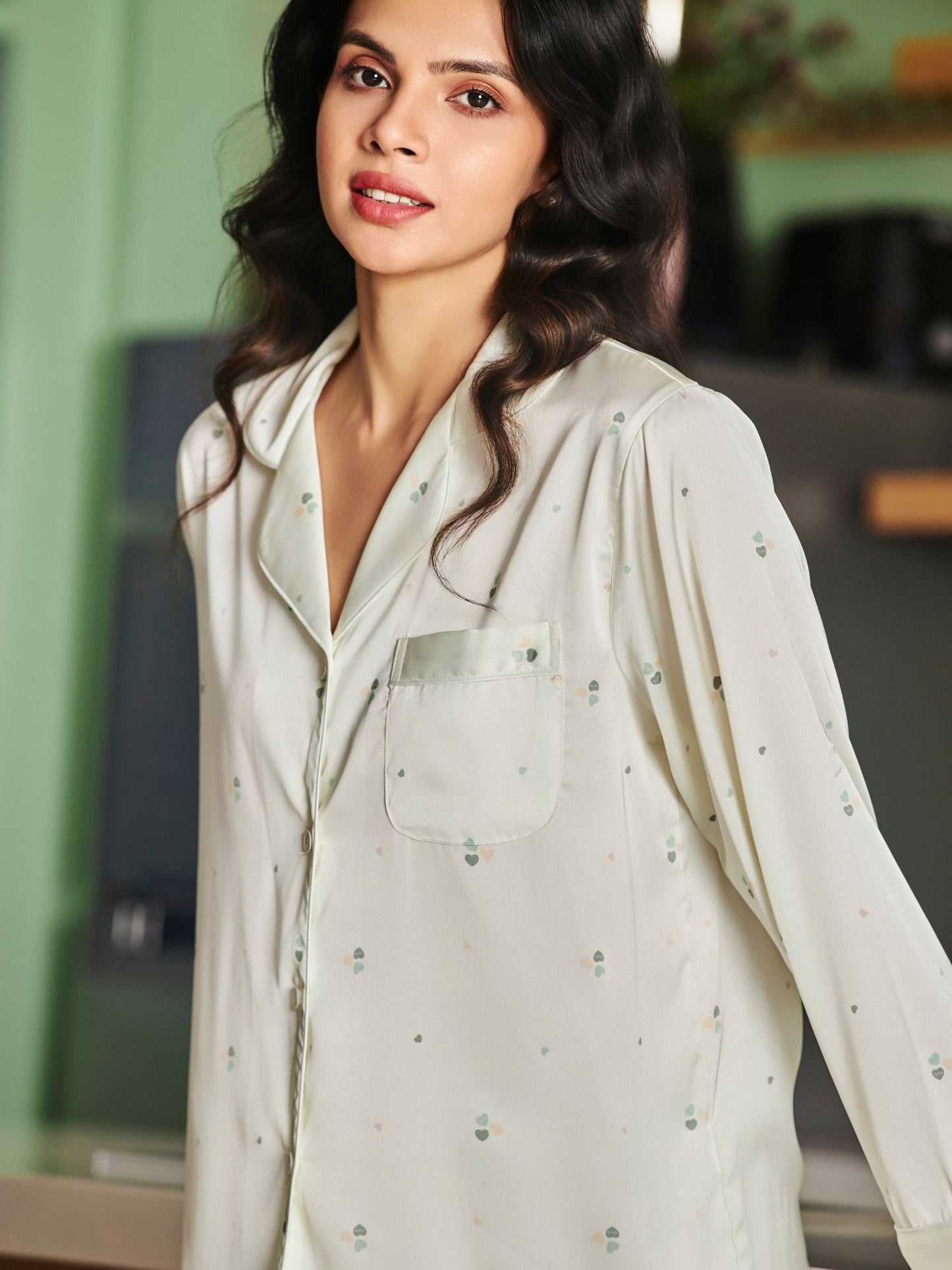 Mint Green Shirt and Pants Style Sleepwear Set For Women