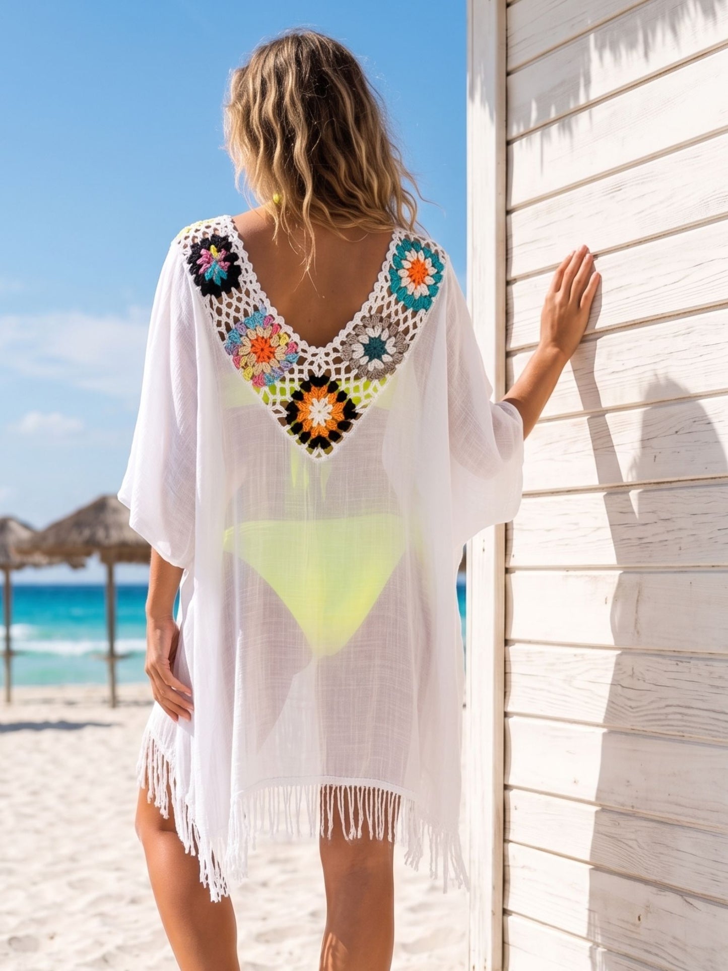 White Crochet Neck Beach Cover-Up Kaftan with Tassel Hem