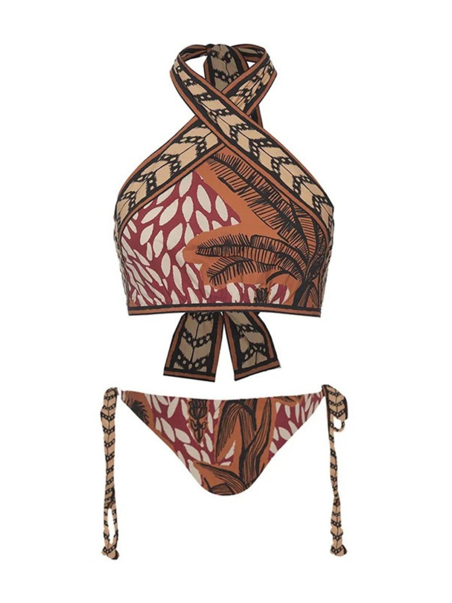 Tropical Print Halter Bikini Set with Matching Sarong