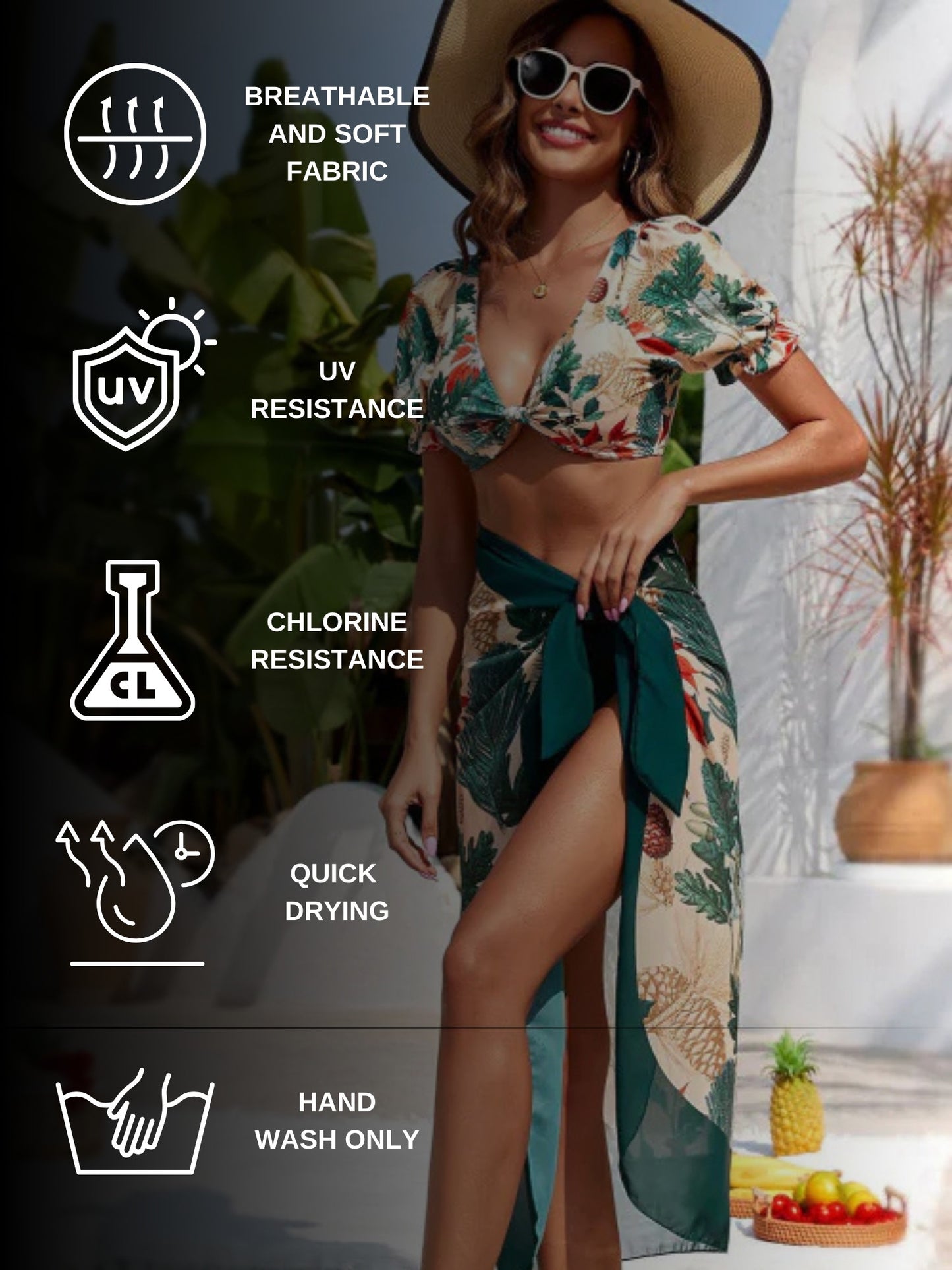 Tropical Puff Sleeve Bikini Set with Matching Sarong