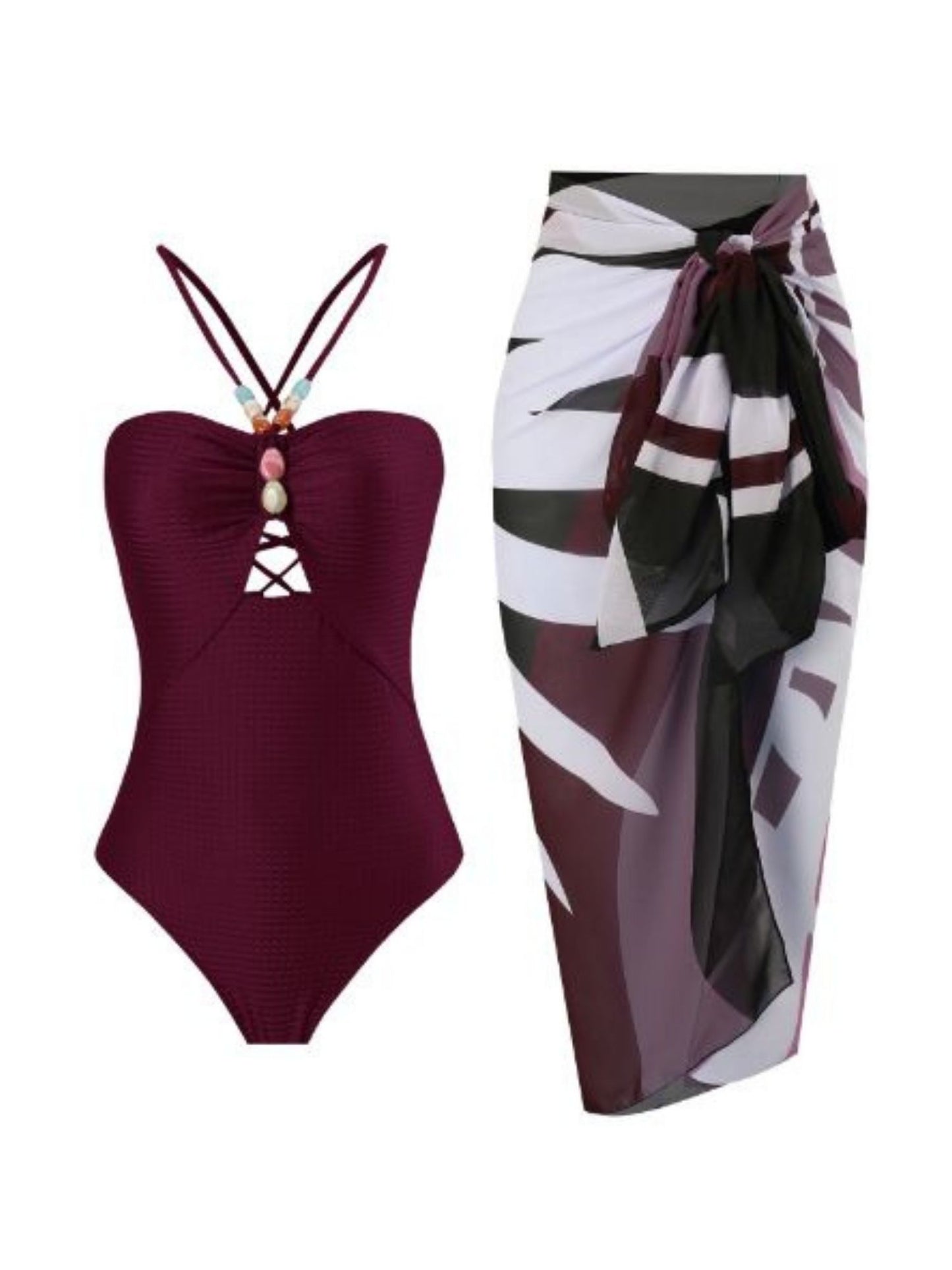 Burgandy Beaded Monokini Sarong Set