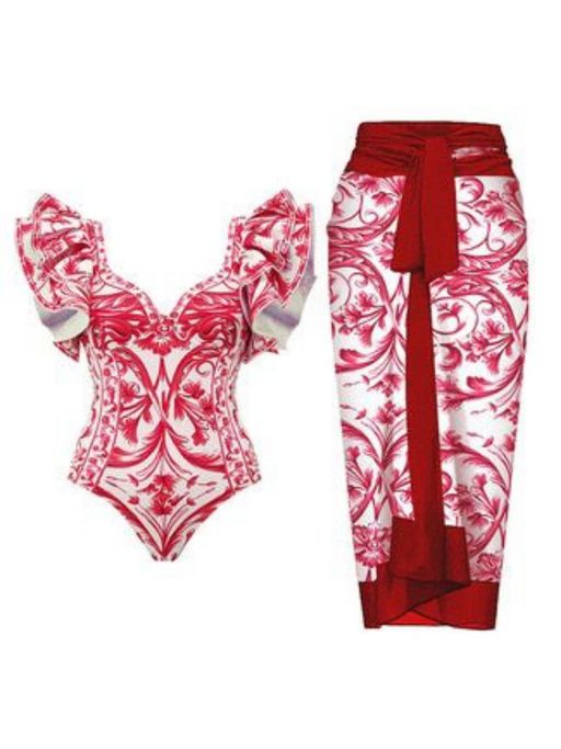 Red Printed One Piece Swimsuit