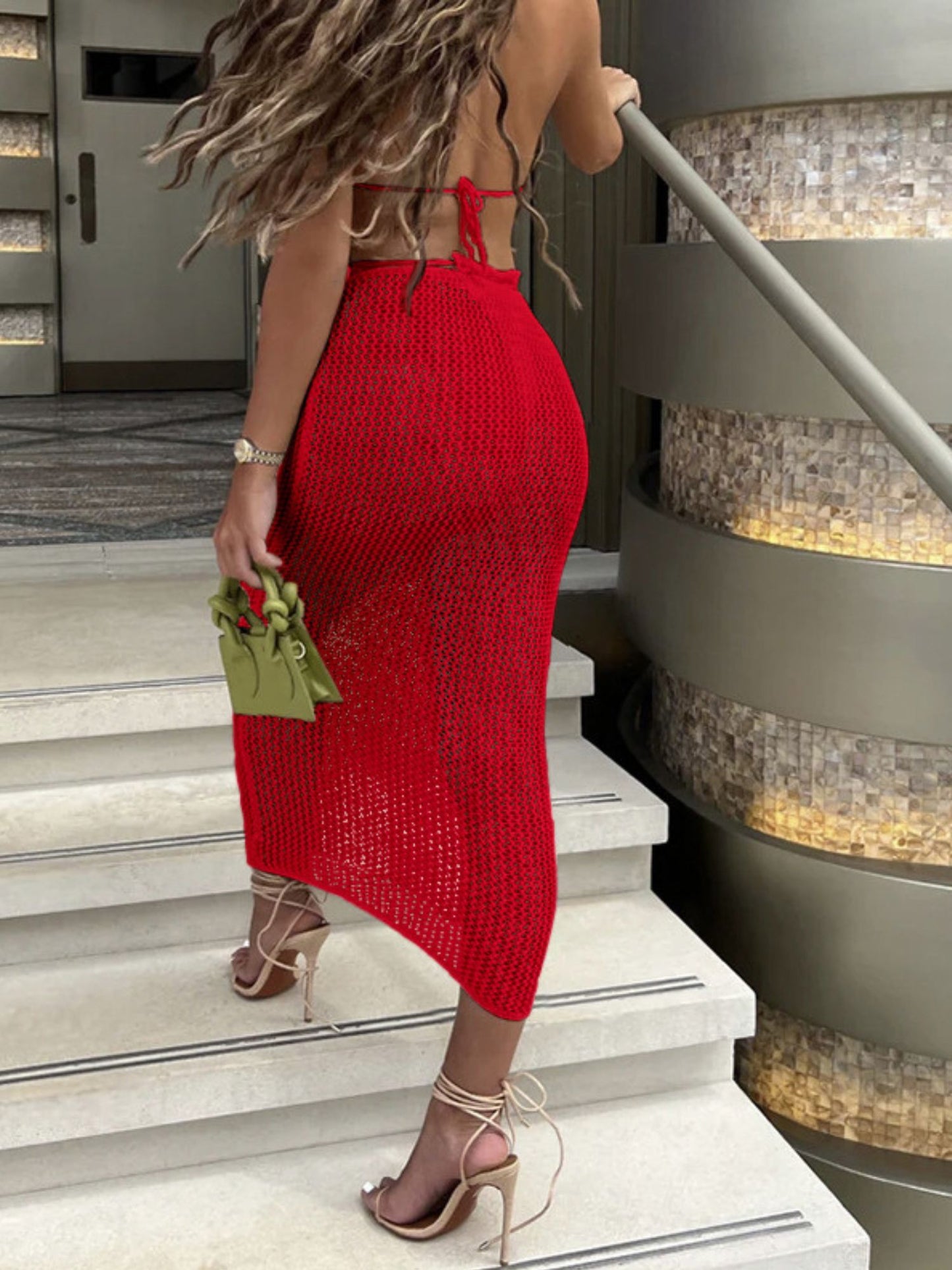 Red Crochet Rose Halter Bikini Top & Maxi Skirt Set