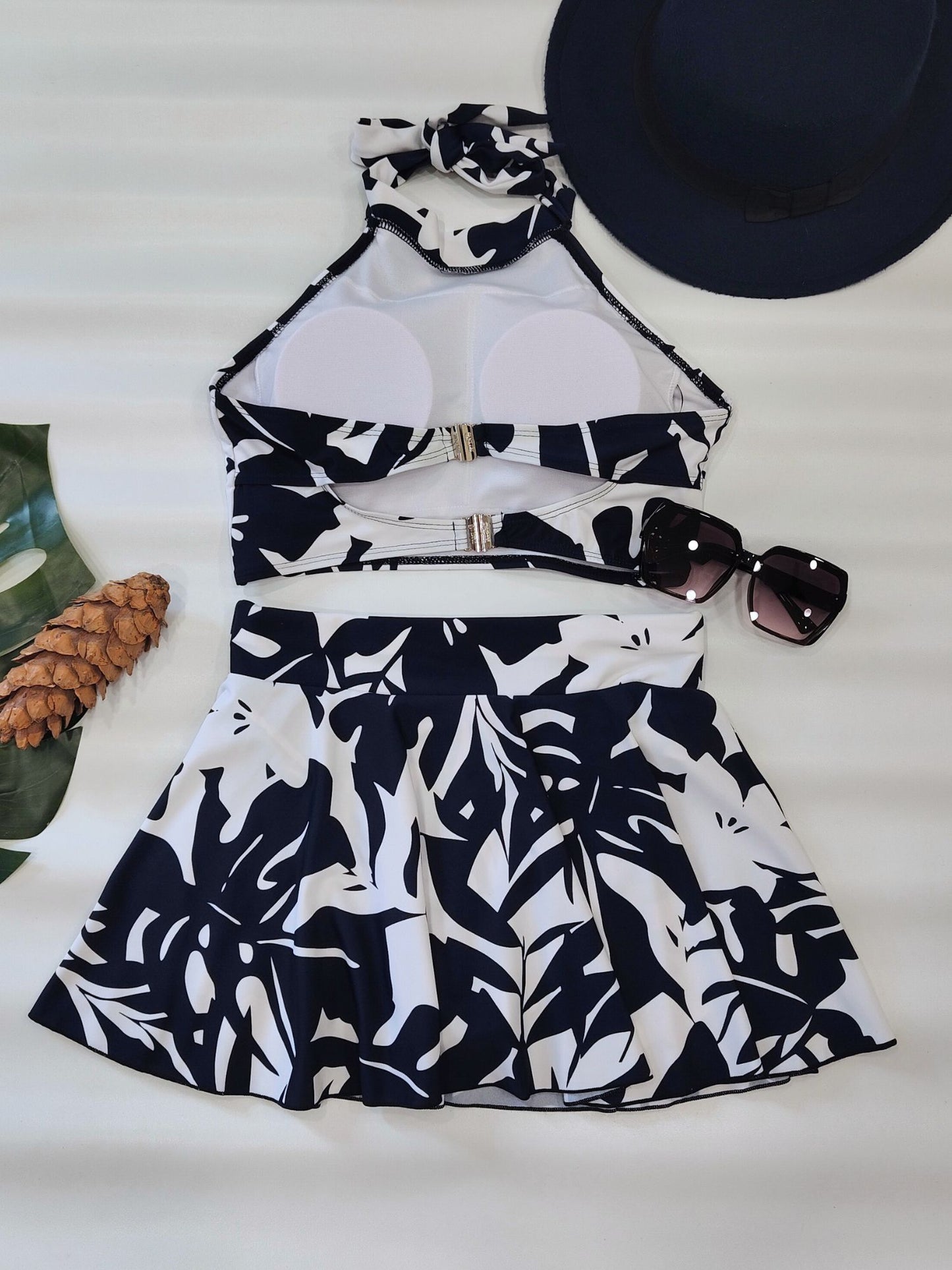 Midnight Blue Monstera Halterkini Set