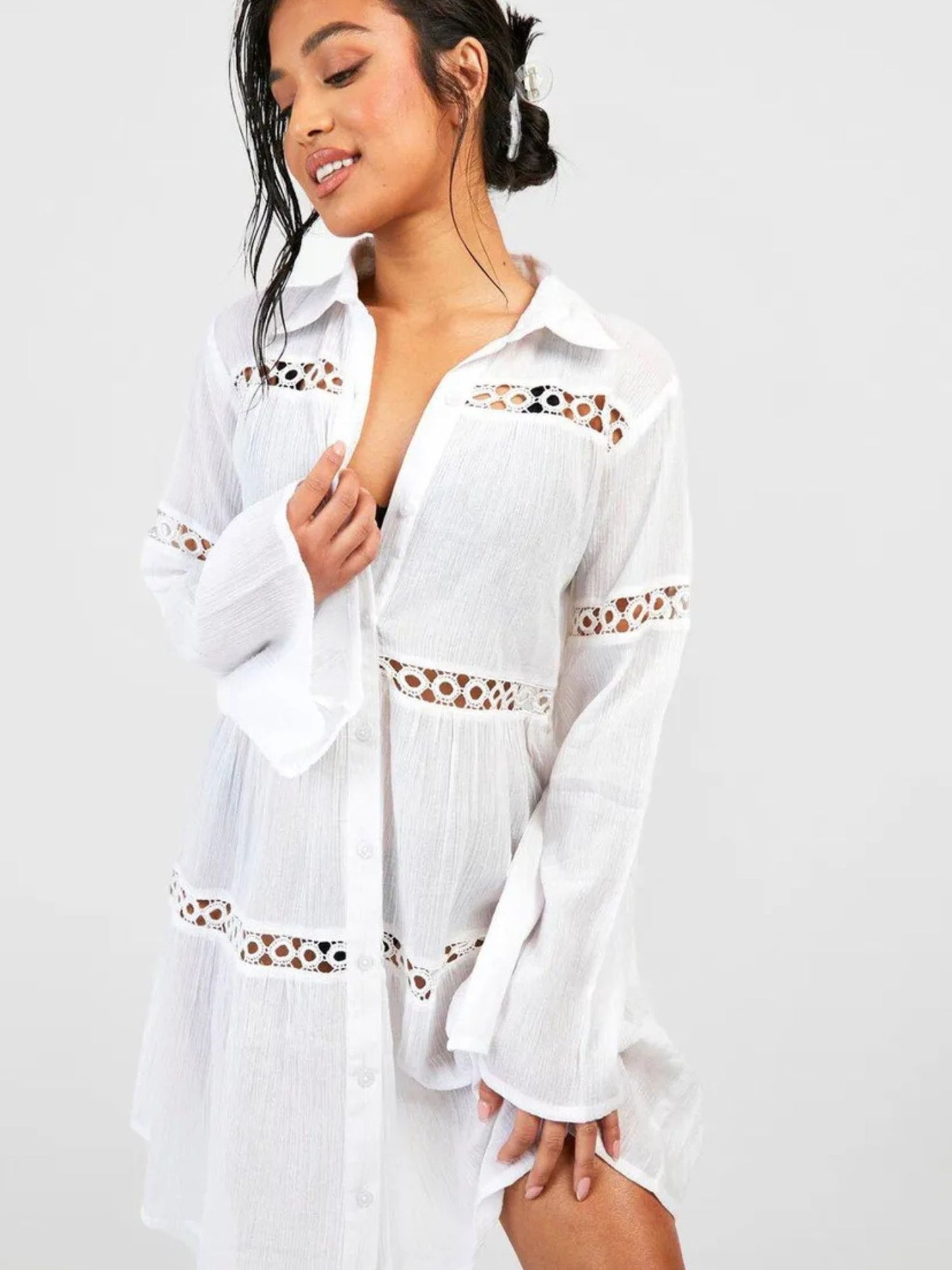 Collared Crochet Cover-Up Dress