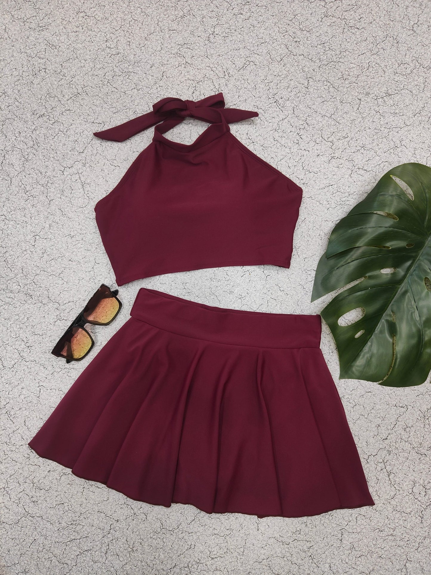 Maroon Halter Bikini & Skirt Set