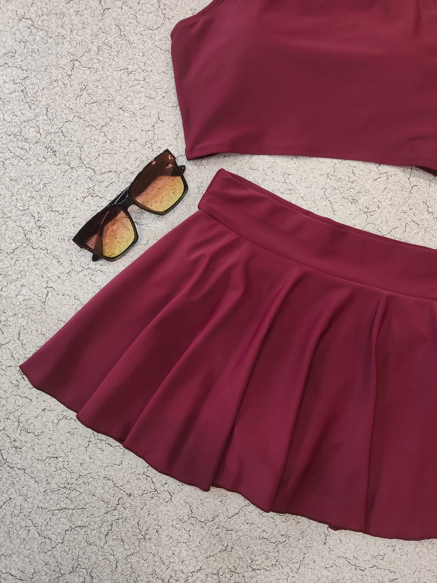 Maroon Halter Bikini & Skirt Set