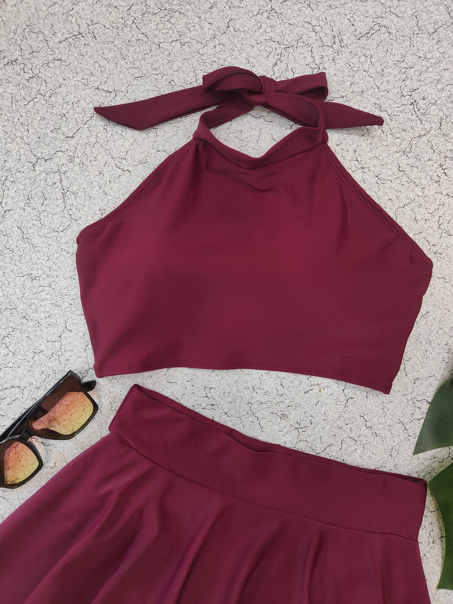Maroon Halter Bikini & Skirt Set