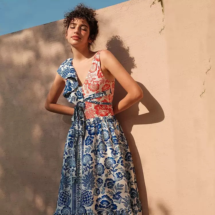 Floral Print Ruffle Monokini With Tie-Up Belt