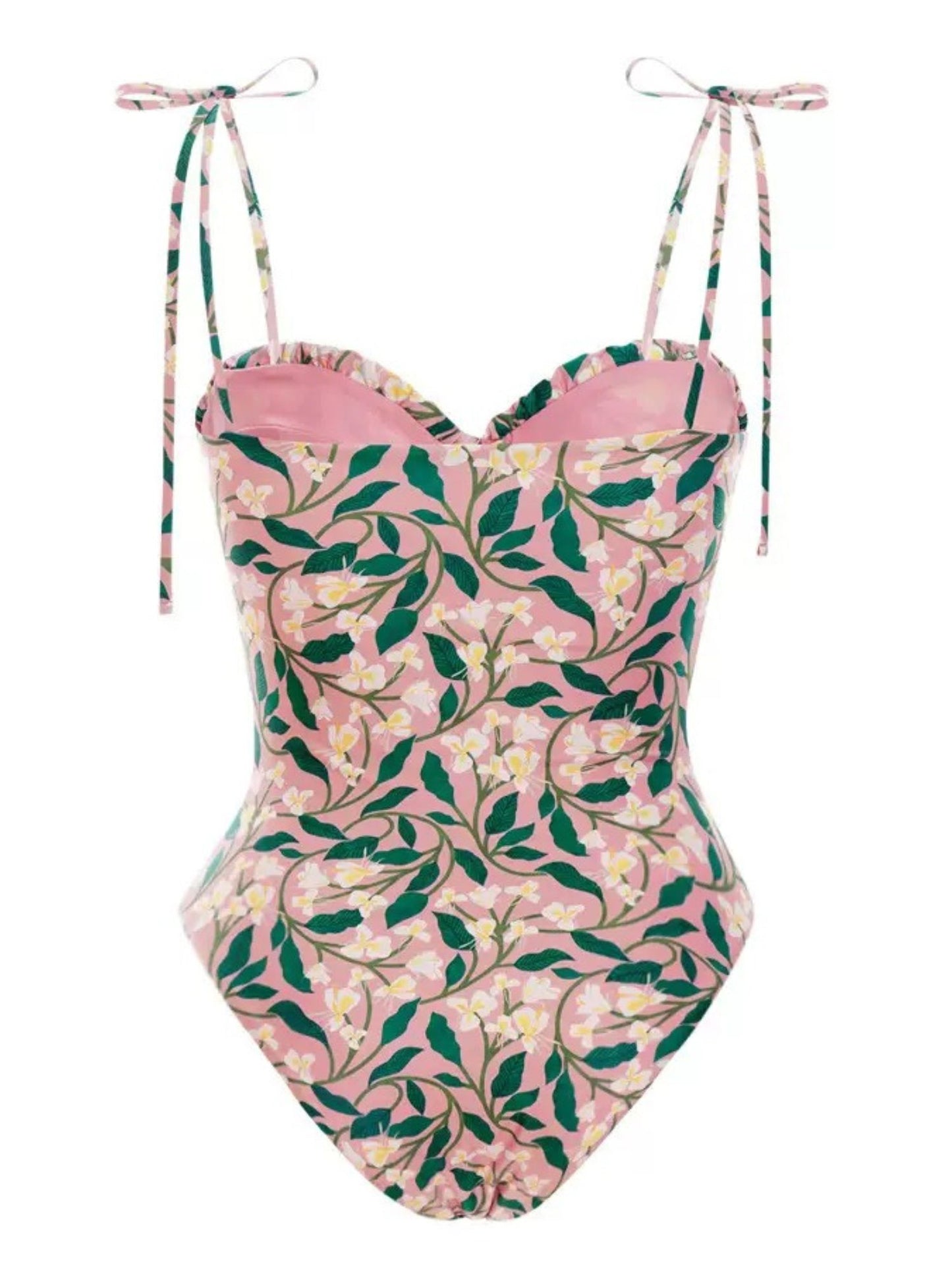 Pink Leaf Print One-Piece Swimsuit With Adjustable Tie Straps & Matching Knot Sarong