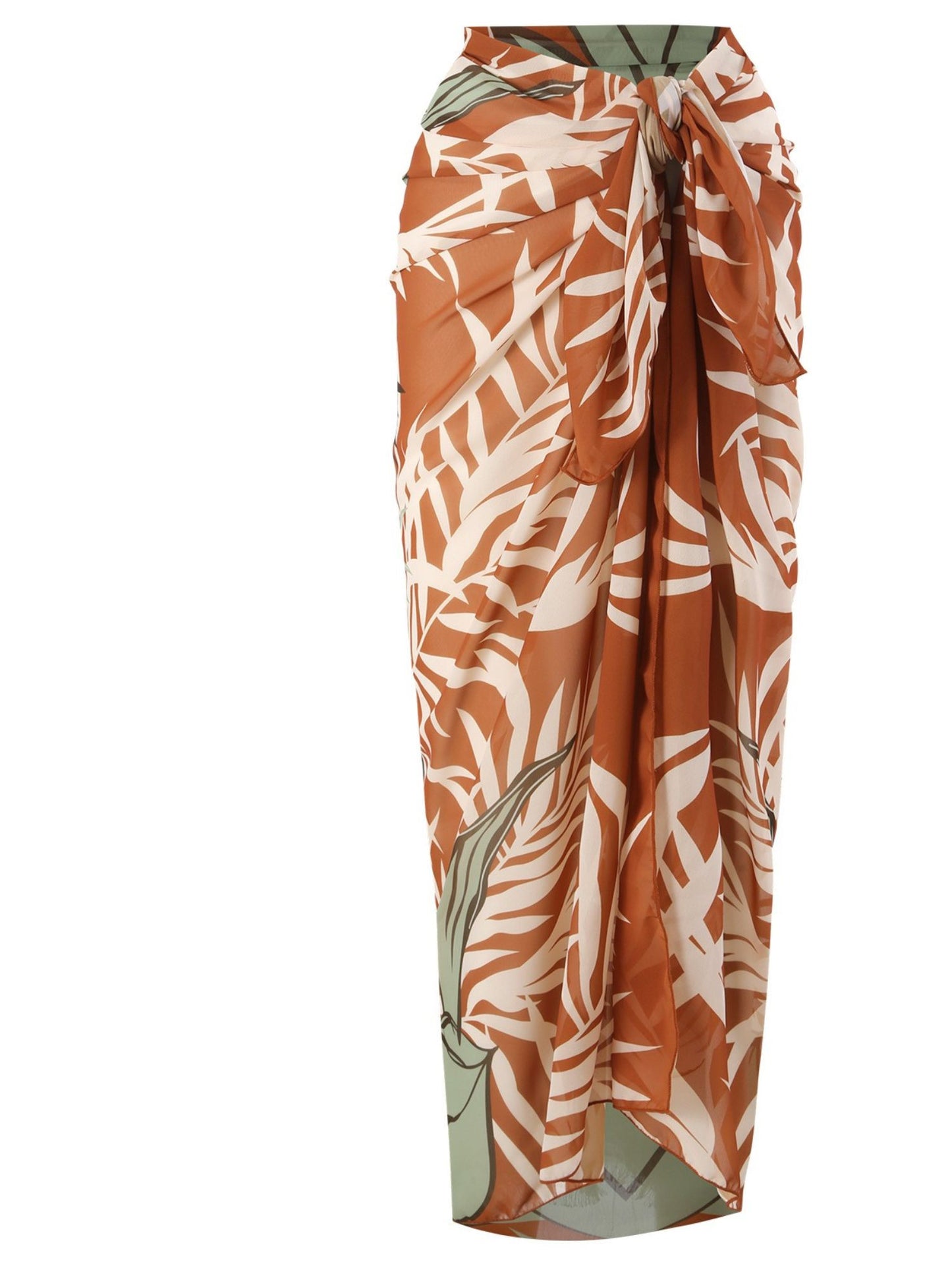 Tropical Leaf Print Tie-Front Chiffon Sarong Beach Cover-Up