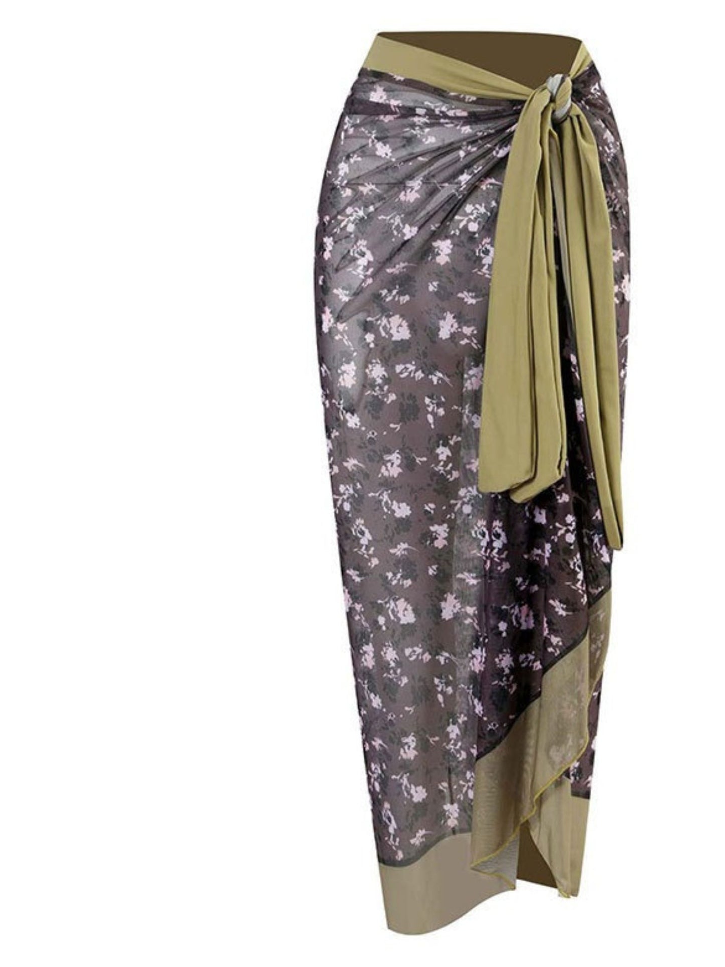 Olive Green & Charcoal Floral Print Sheer Chiffon Sarong Beach Cover-Up