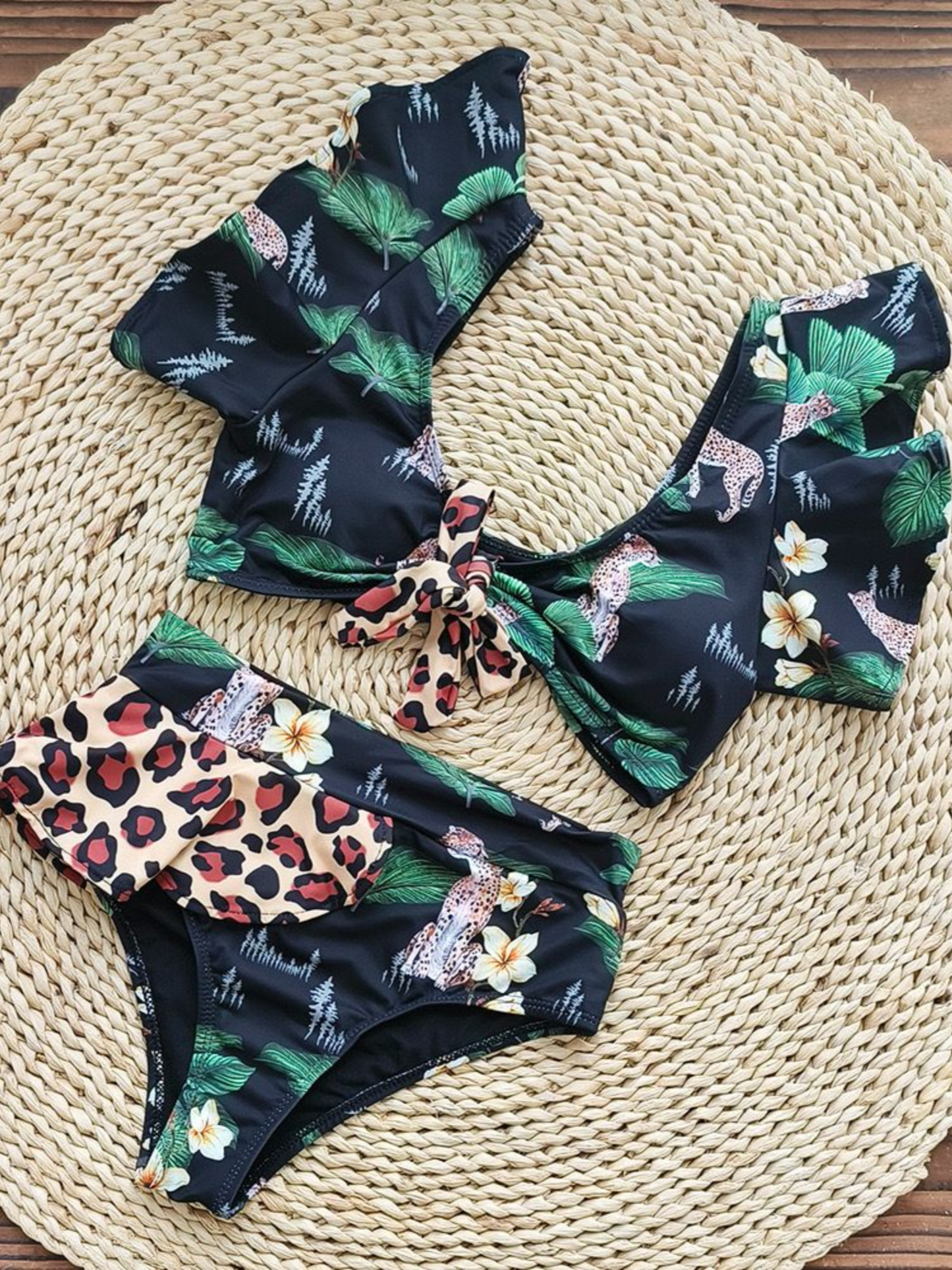 Leopard Floral Ruffled Swimwear