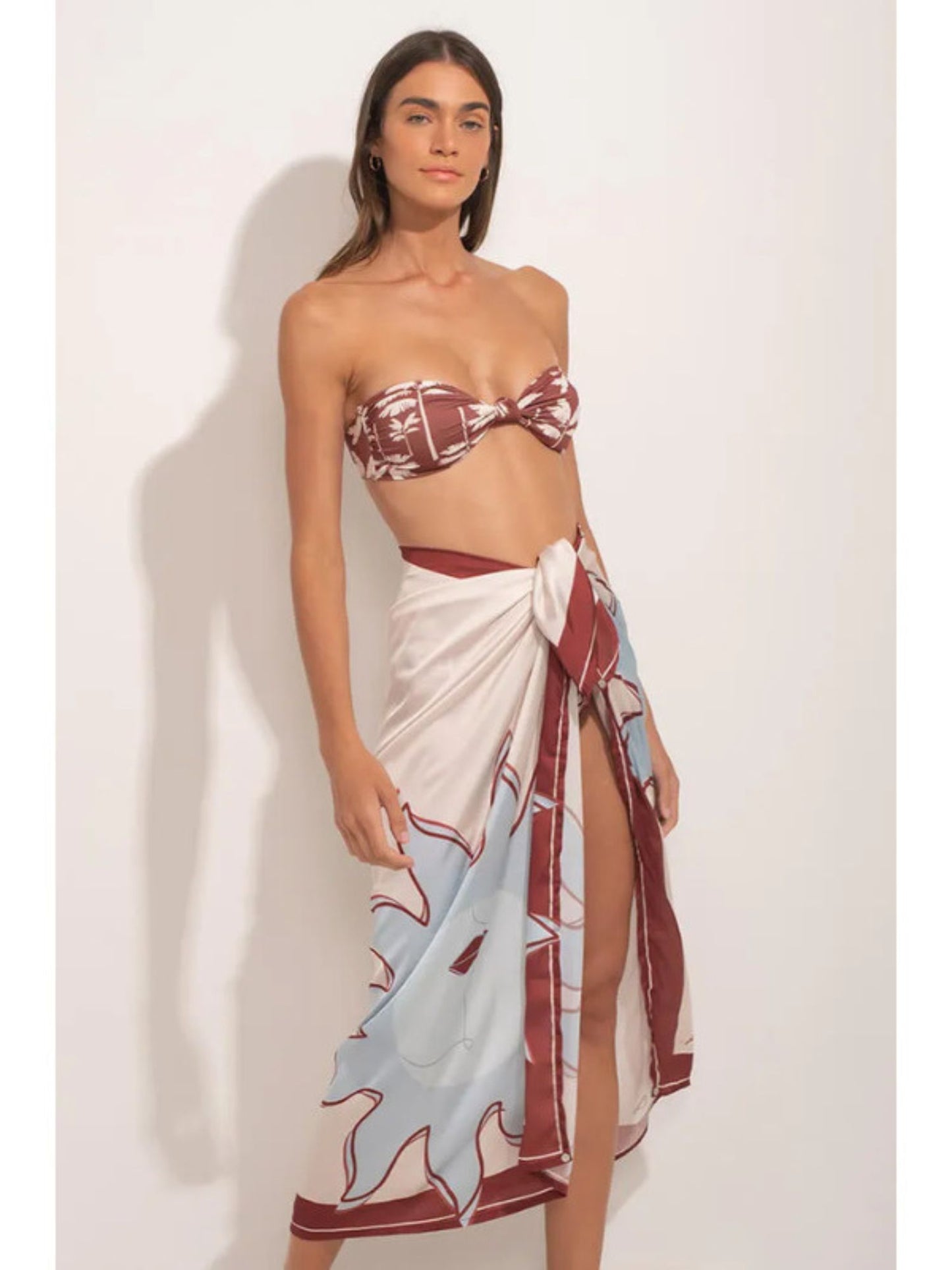Brown Bandeau Bikini Set with a Sarong