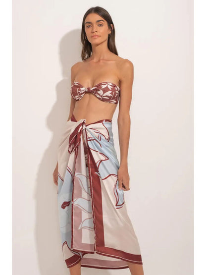 Brown Bandeau Bikini Set with a Sarong