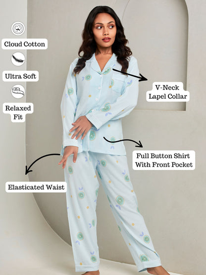 Blue Printed Full-Sleeves Loungewear Set For Women