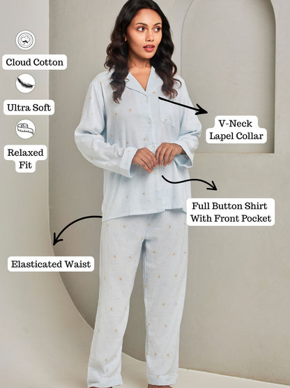 Blue Printed Pyjama Set For Women