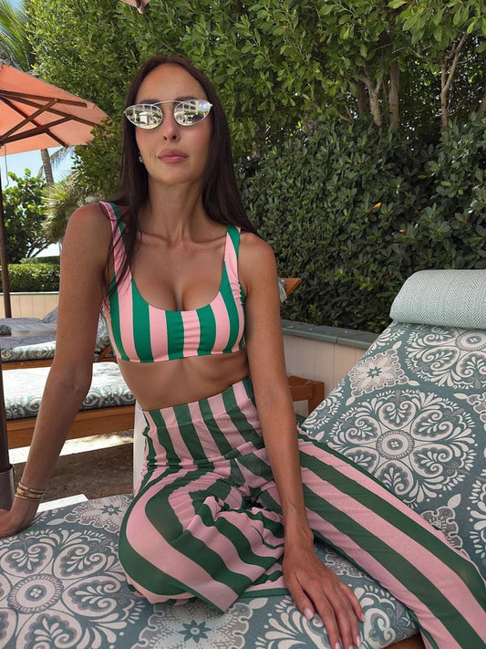 Palm Breeze Striped Bikini Set With Pants