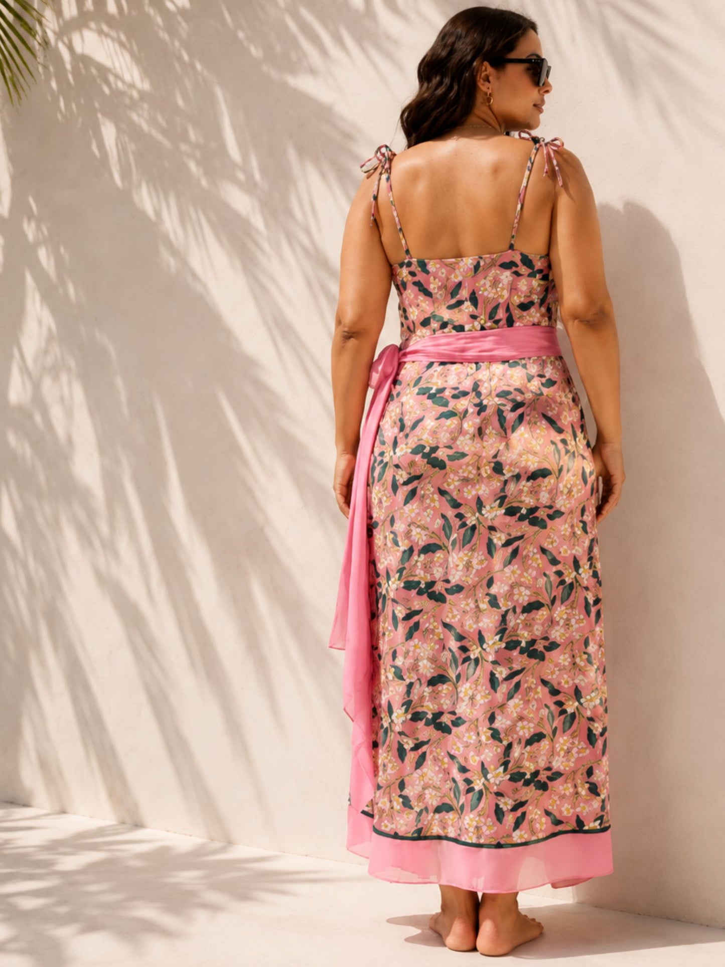Pink Leaf Print One-Piece Swimsuit With Adjustable Tie Straps & Matching Knot Sarong