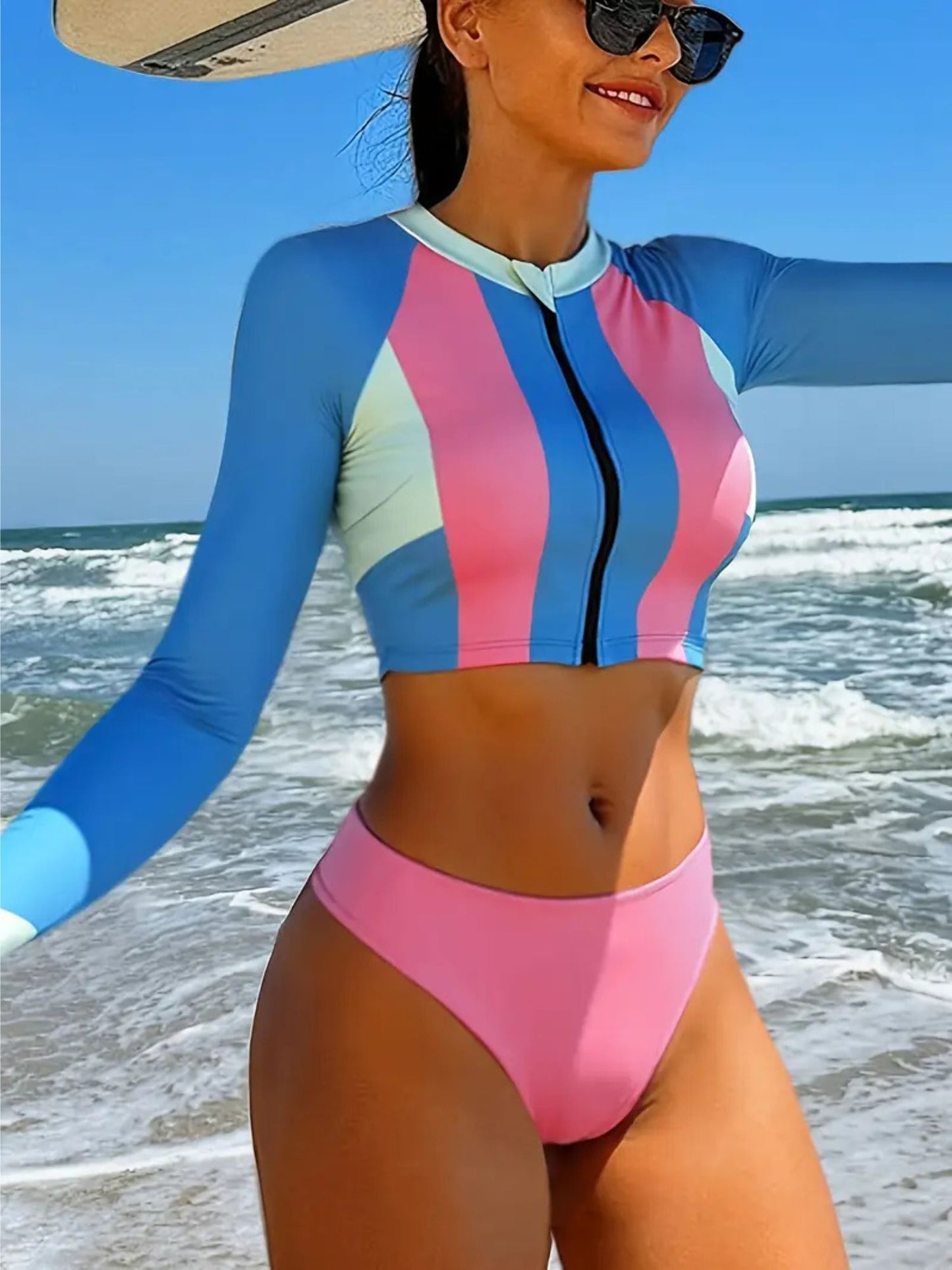Vibrant Stripe Rash Guard Swimsuit Set