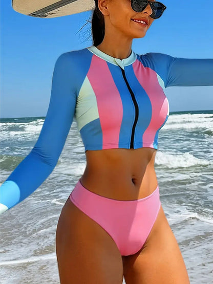 Vibrant Stripe Rash Guard Swimsuit Set
