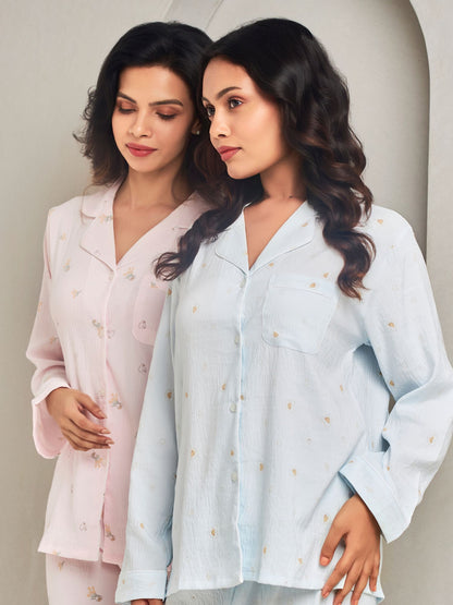 Blue Printed Pyjama Set For Women